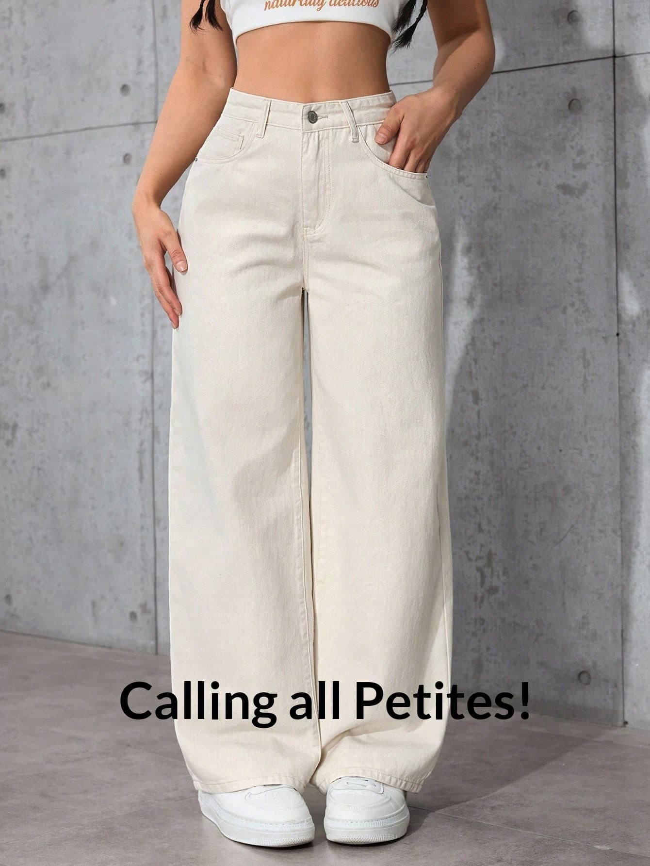 SHEIN PETITE Casual Classic Solid Color Loose Straight Leg Jeans ,Petite Women