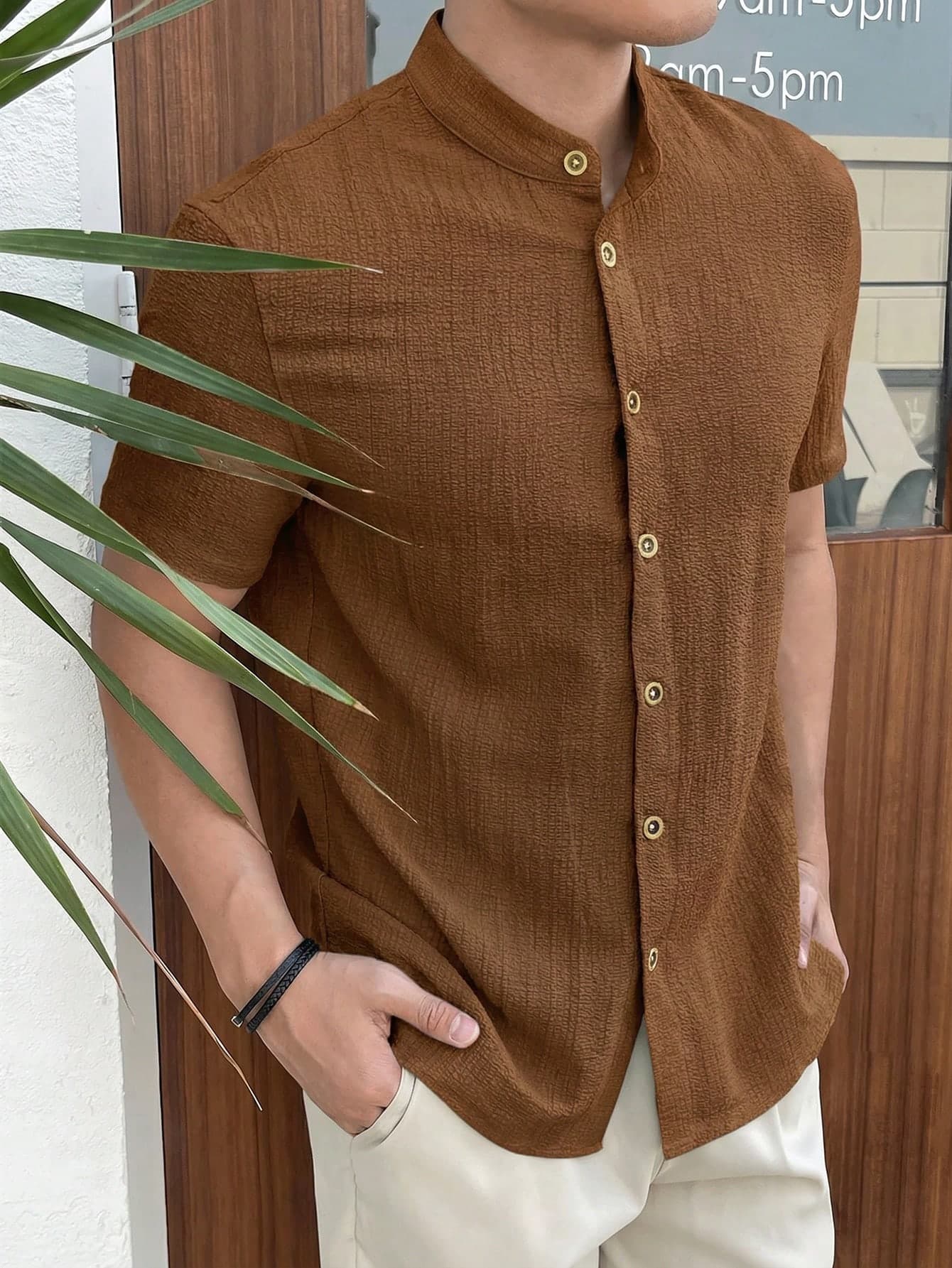 HIMLAND Shades Of Brown Short Sleeve Shirt - Textured Weave, Button Front, Chest Pocket. Men's Casual Modest Summer Vacation Style. Relaxed Fit, Beach Resort