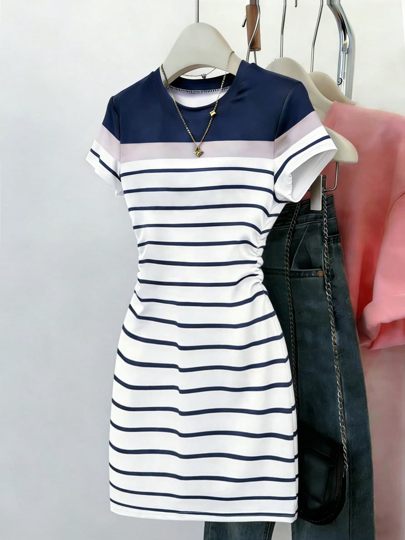 SHEIN Unity Women's Casual Navy And White Striped Short Sleeve Ruched Waist Bodycon Dress,Summer Vacation Sailor Nautical Style Outdoor Office Dress