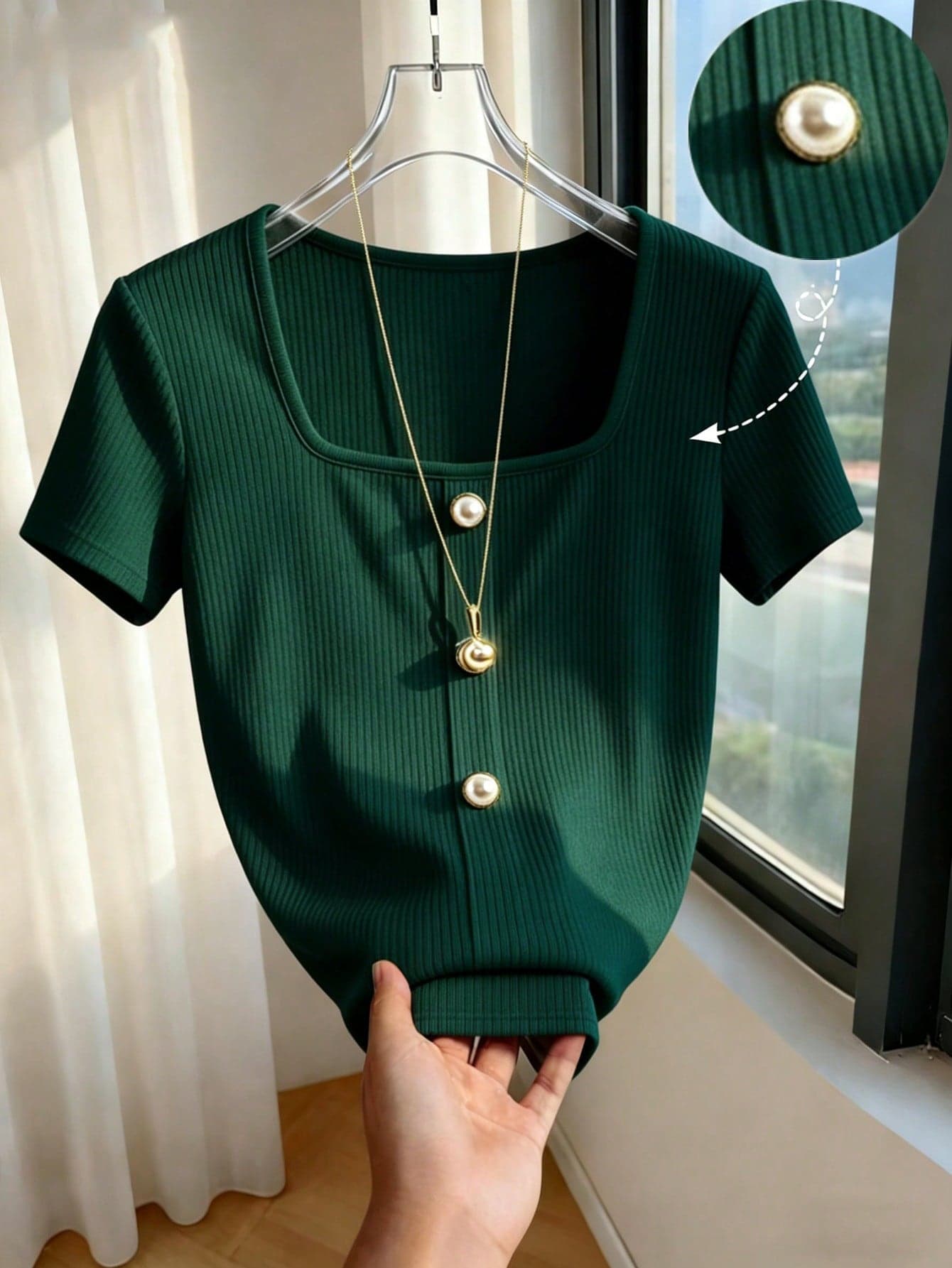 Franclia Women's Dark Green,Summer,Elegant,Work Minimalist Square Neck Short Sleeve Elastic Fitted T-Shirt,Solid Button Decor Versatile Summer Daily Wear Tee