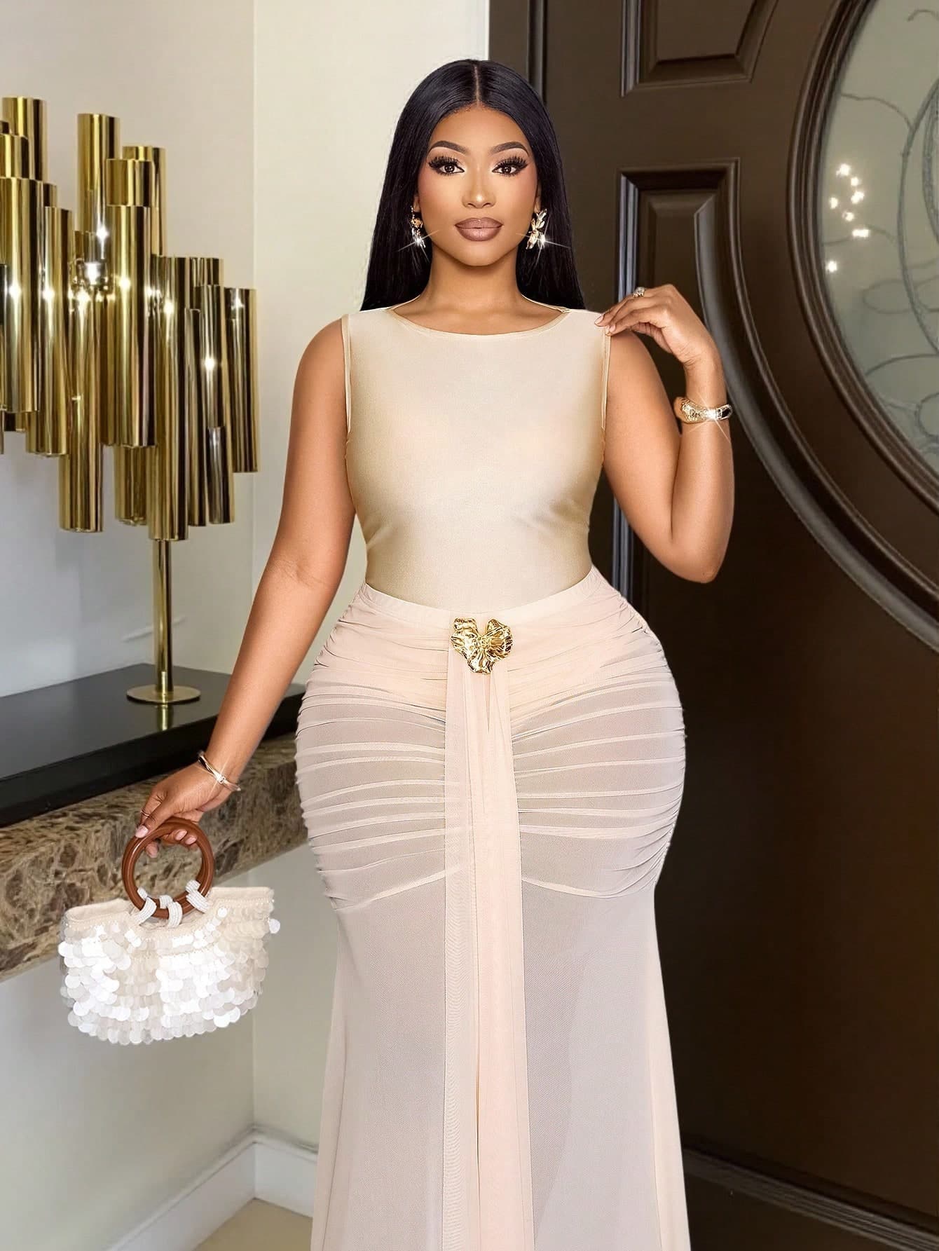 SOLERSUN Plus-Size Women's Beige Elegant Summer Formal Wedding Guest 2pcs Set,Shimmering Sleeveless Vest Bodysuit&Mesh Ruched Skirt With Metallic Embellishment