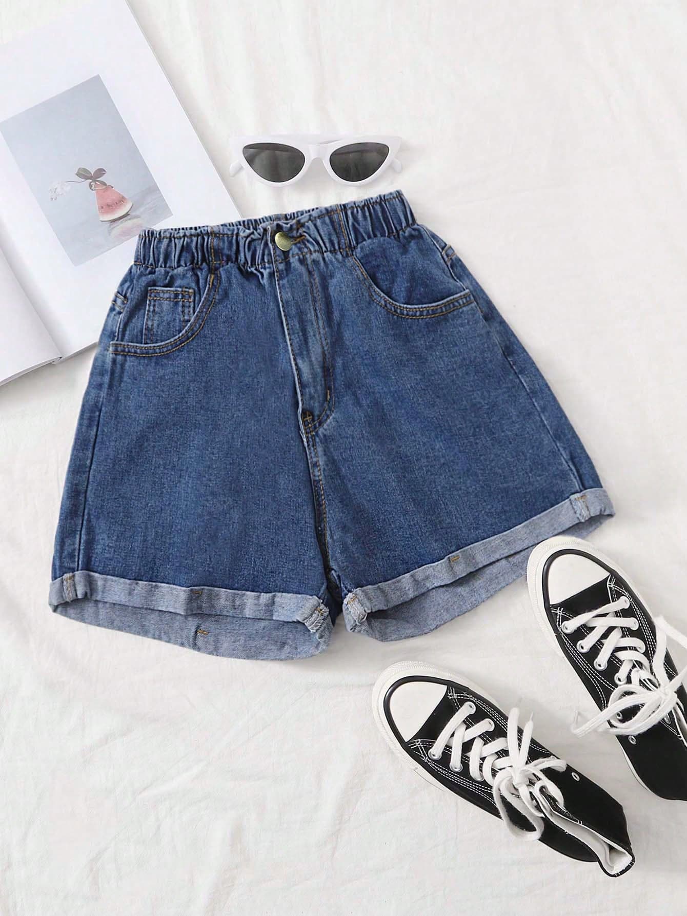 Rivivi Plus Size Women Navy Elastic Waist Denim Shorts, Summer, Jorts, Jean Shorts, Plus Size Shorts