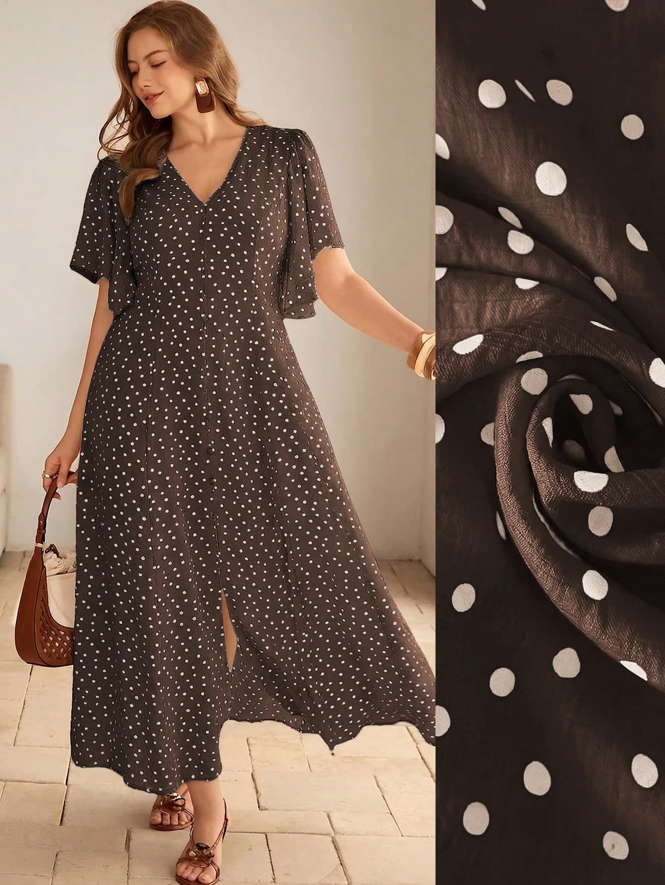 Roveilla Plus Size Women's Brown Polka Dot V-Neck Maxi Dress,Elegant French Vintage Puff Sleeve Summer Holiday Tea Party Dress,Retro Button Hem Slit Zanzea