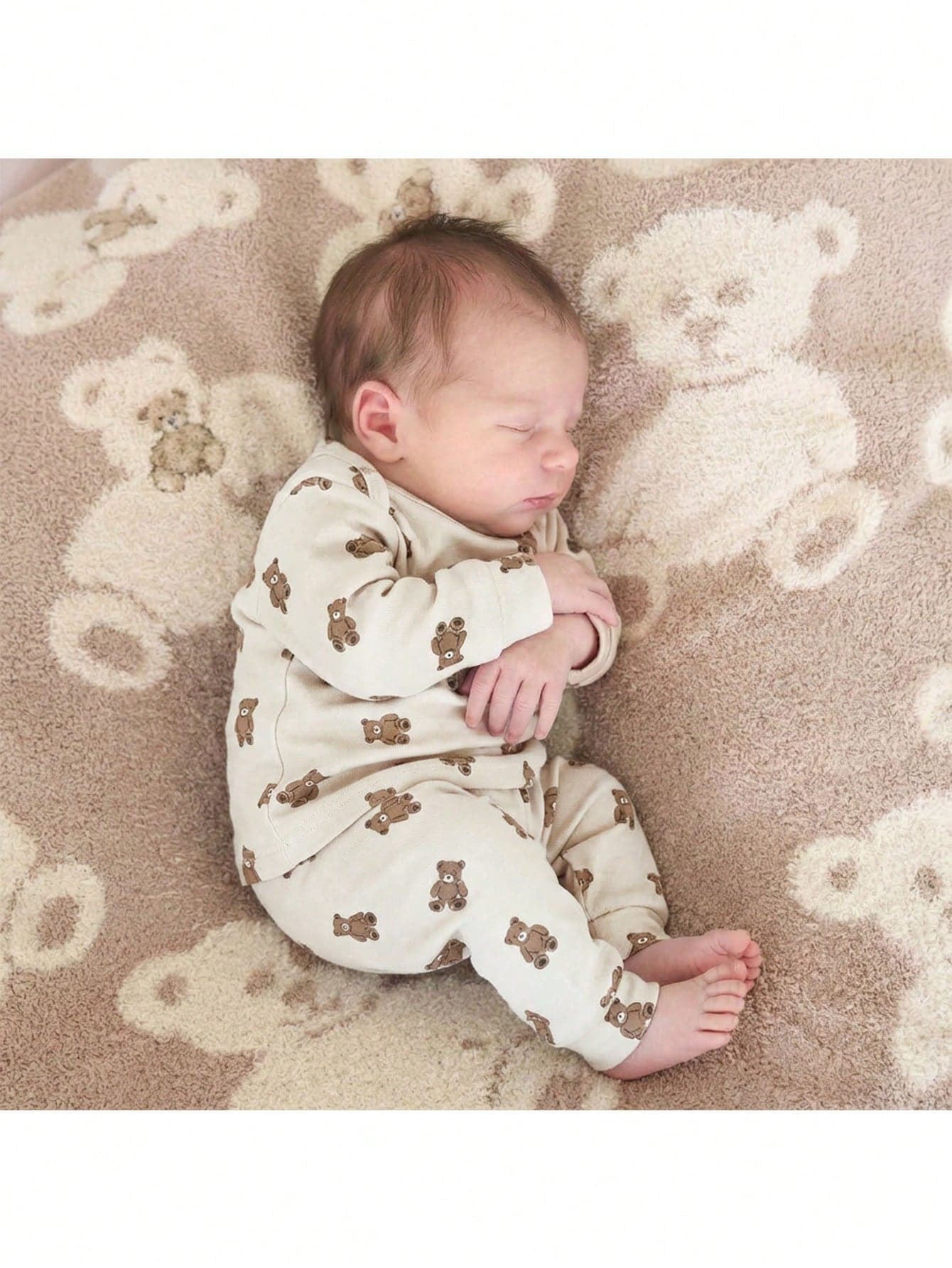 SHEIN Newborn Baby Girl Casual Cute Cartoon Pattern Knit Long Sleeve Top And Pants Pajama Set,Kids