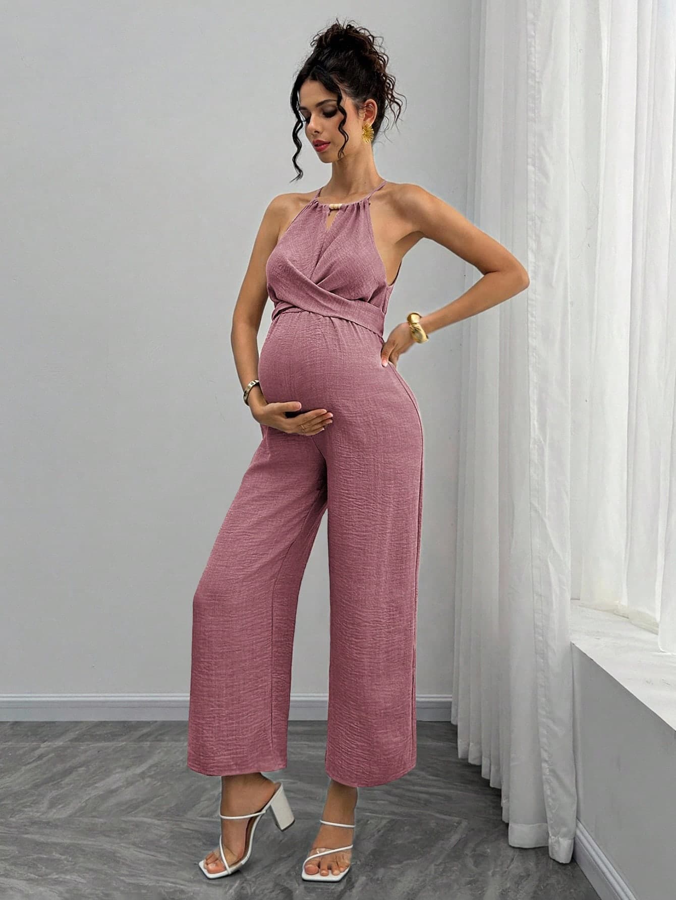 Momance Pregnant Women's Wooden Bead Halter Tie Front Bowknot Waist Tie Jumpsuit