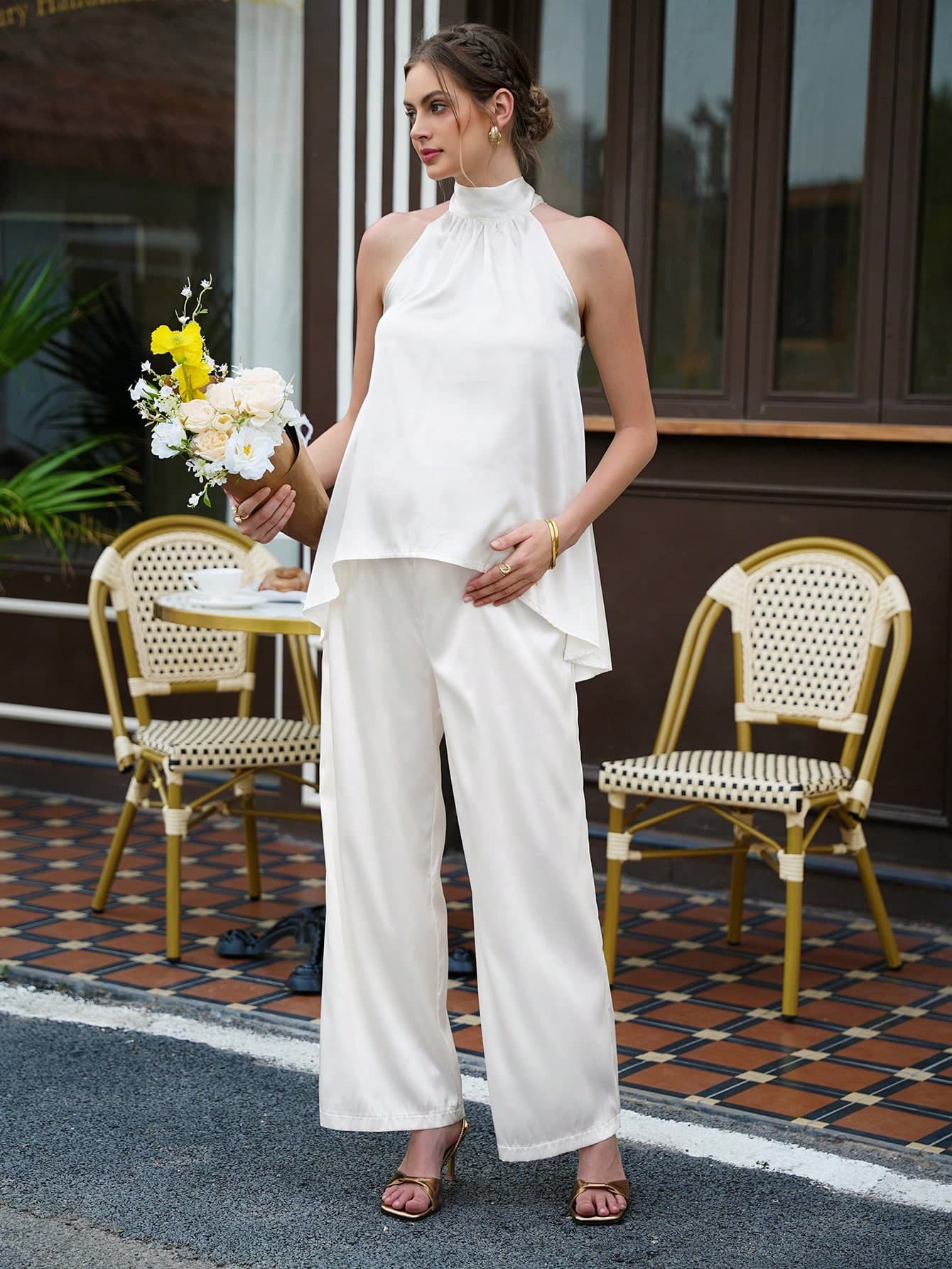Momance 2pcs Maternity Set,Stand Collar Sleeveless Top With Bow Tie,Adjustable Waist Wide Leg Pants,Elegant Summer White Outfit For Women,Aniversário Suit