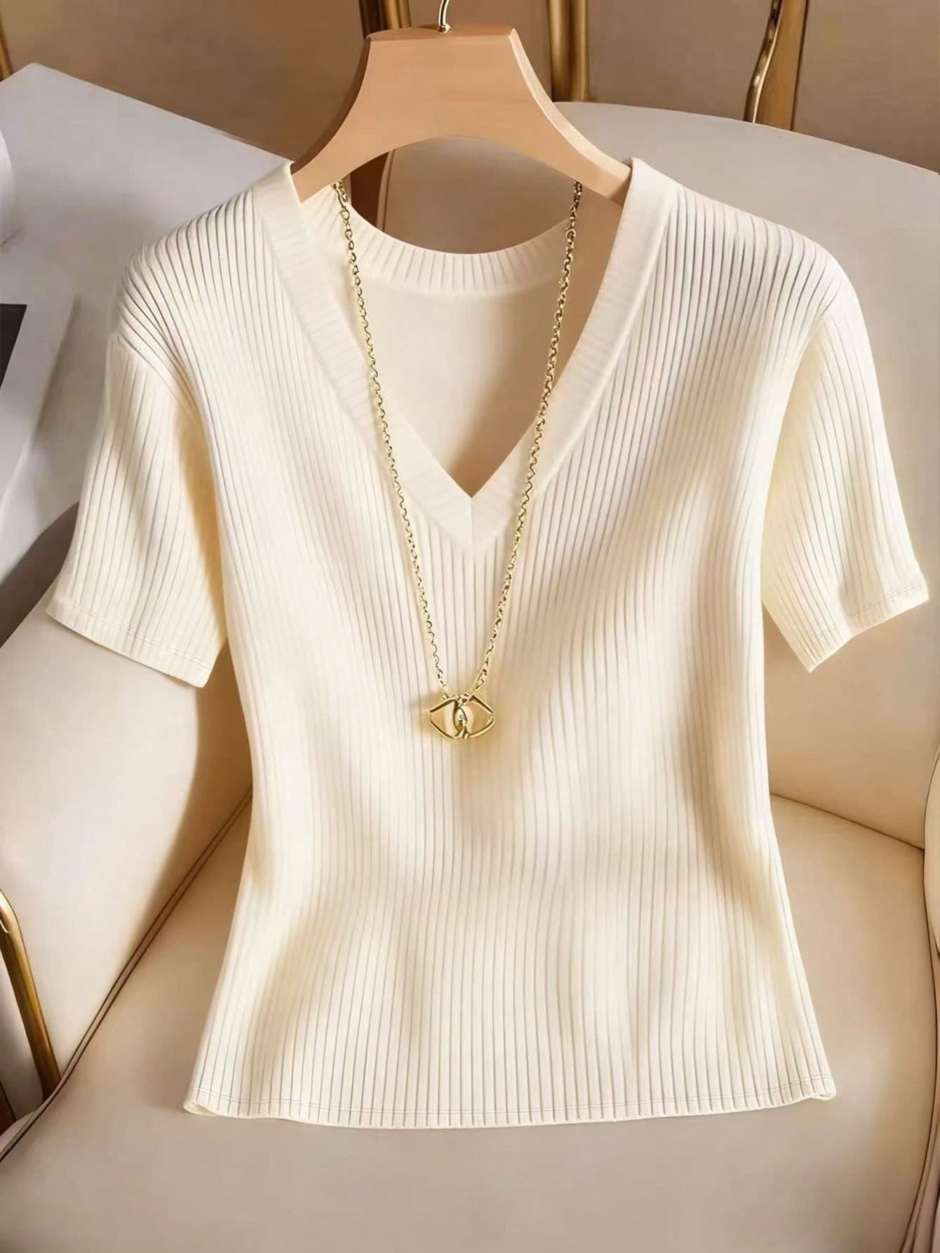 Franclia Plus Size Elegant Casual Ribbed V-Neck Short Sleeve T-Shirt