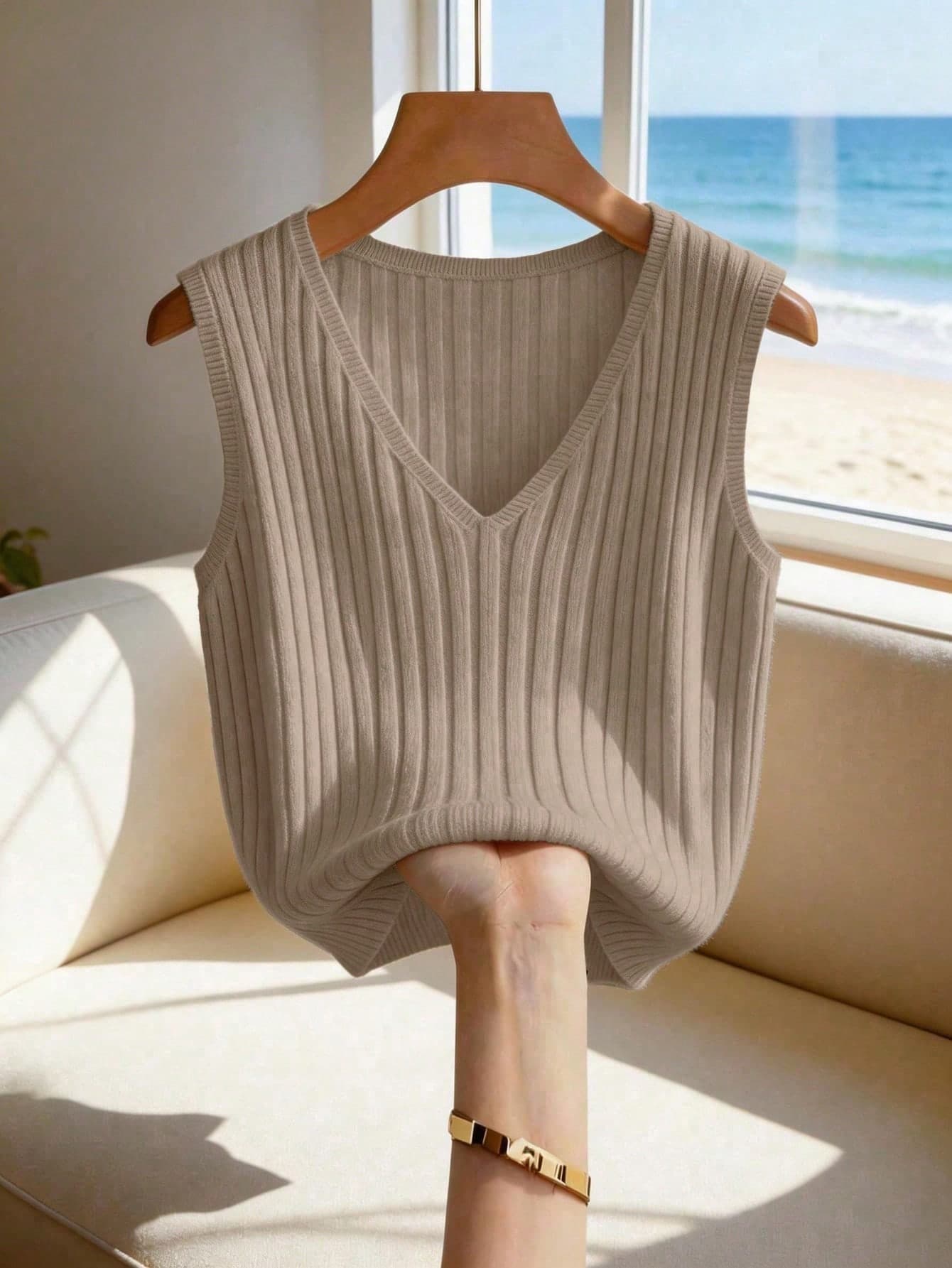 Franclia Khaki,Autumn,Chic,Office Women Summer V-Neck Ribbed Knit Sleeveless Vest,Casual Loose Korean Style Layering Top,Elegant Simplistic Knitwear