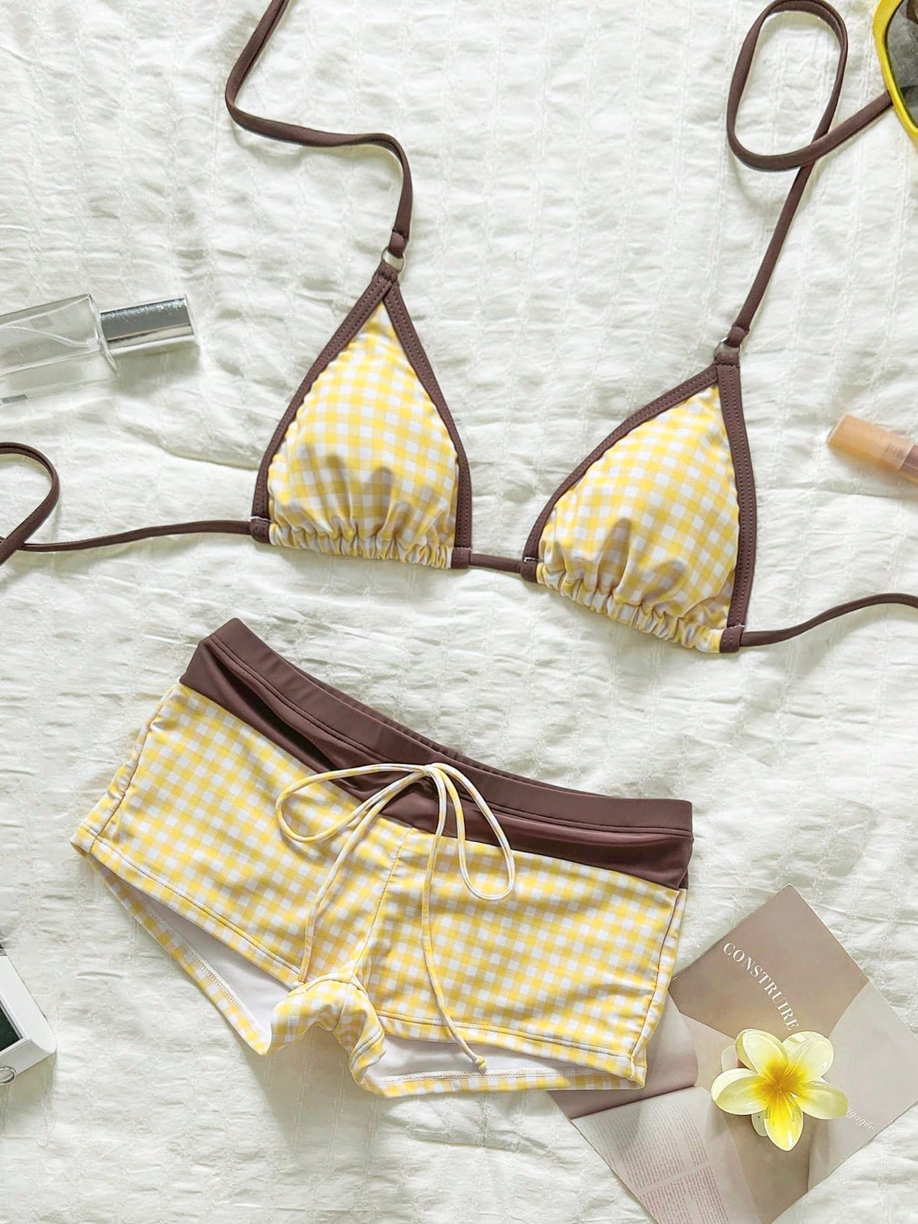 Swim Mod Women Gingham Print Bikini Set,White Brown Beachwear Gym Short Swimpants,Cute Summer Pool Party Holiday New Year Vacation Outfit Swimwear