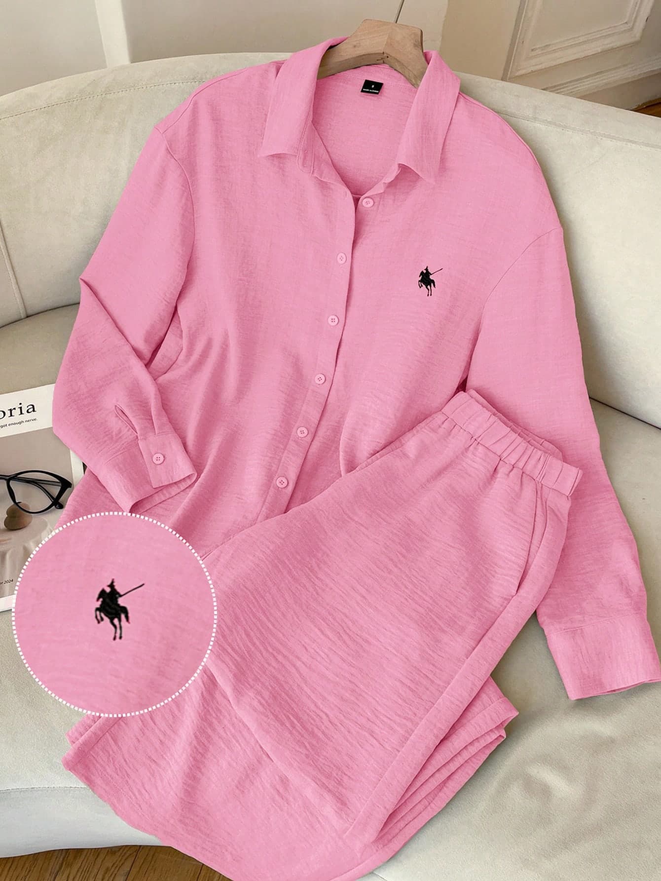 SHEIN EZwear Women's Soft Pink Knight Print Single-Breasted Long Sleeve Top And Wide-Leg Pants Casual Summer Loungewear Co Ords Set,Polo Tracksuit Winter Pj Set