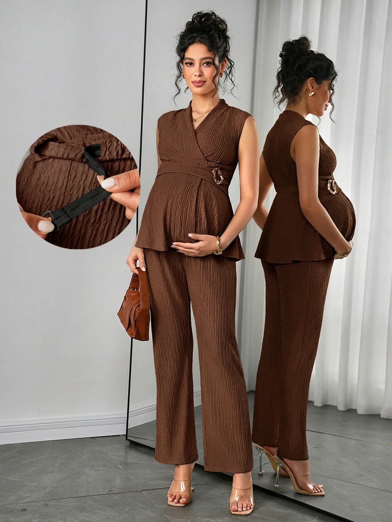 Momance 2pcs Maternity Set:Sleeveless V-Neck Top,Straight Leg Pants,Knit Jacquard Pregnant Clothes For Autumn,Elegant Maternity Photoshoot Brown Outfits