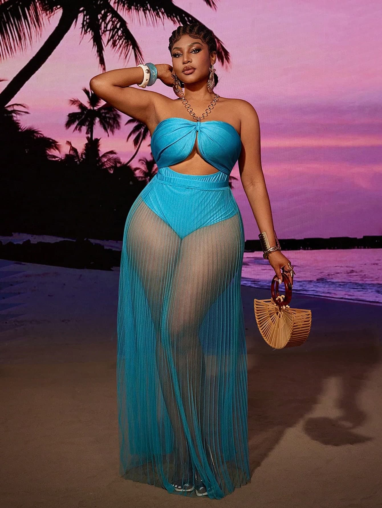 Maweii Women's Sexy Metal Ring Halter Neck Jumpsuit & Sheer Mesh Transparent Skirt Set, Fashionable Beach Vacation Outfit, Plus Size