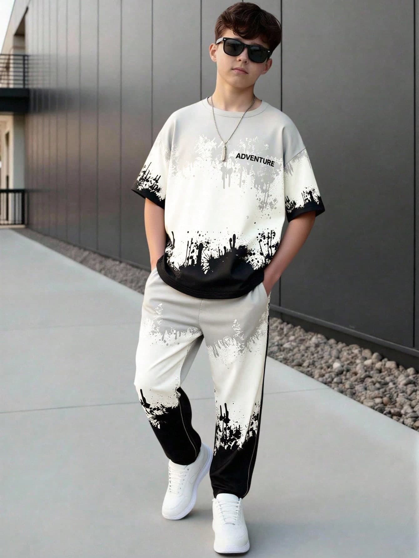Vacaura 2pcs Teenage Boys' Grey, White & Black Tie-Dye Gradient Effect Short Sleeve T-Shirt And Pants Set, Suitable For Spring/Summer Outdoor Casual Wear