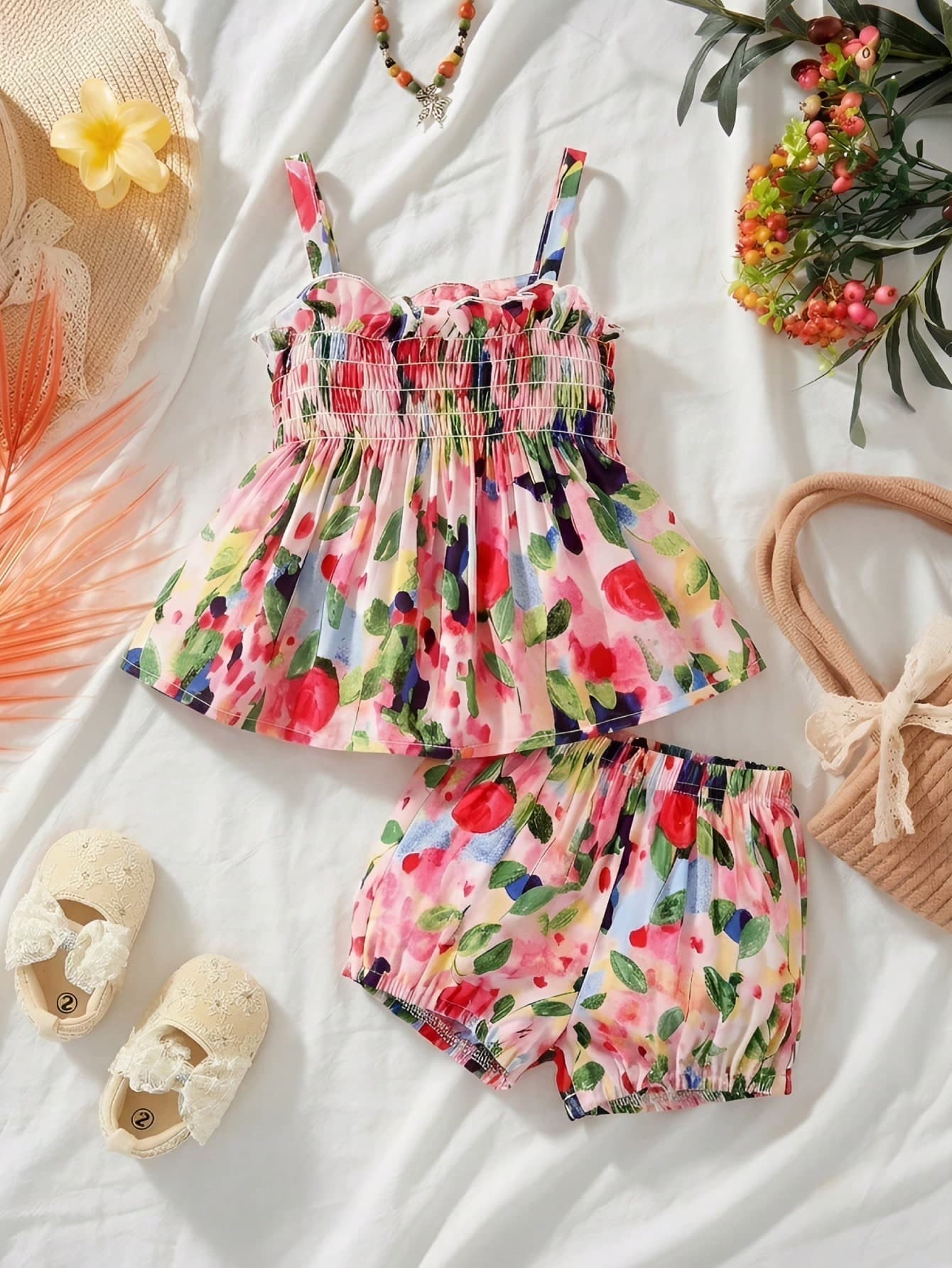 2pcs Newborn Baby Girl Cute Floral Print Pink Summer Funny Vacation Holiday Style Cami Top And Shorts Set Girls Coord Baby Doll Outfit Big Sister