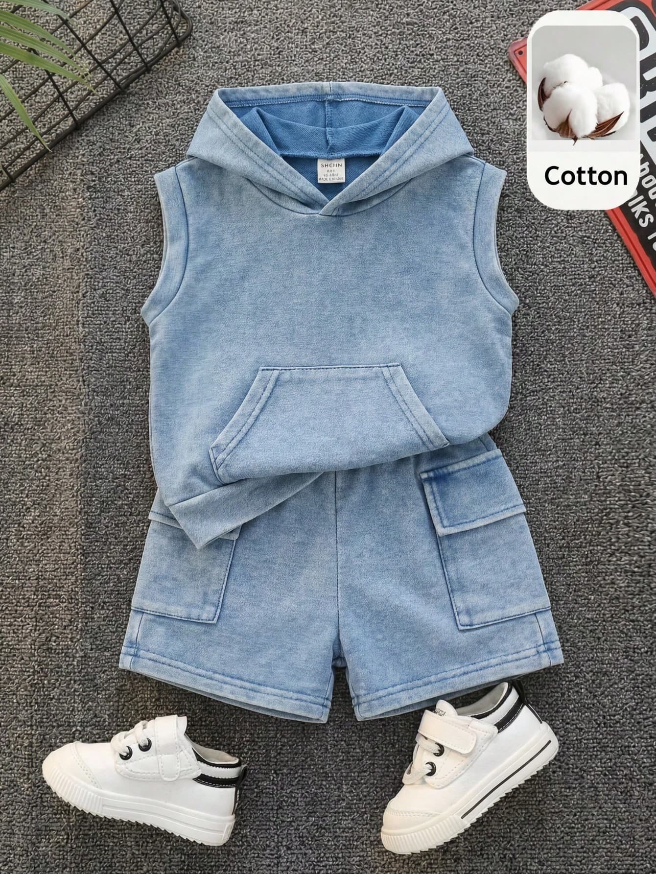 2pcs Kids Young Boy Casual Blue Denim Hooded Top T-Shirt Denim Shorts Knit Two Pieces Set Tracksuit, Knit Denim T-Shirt Set, Tank Top Set, Boys Set, Summer Set Y2k Set, Young Boy Clothes