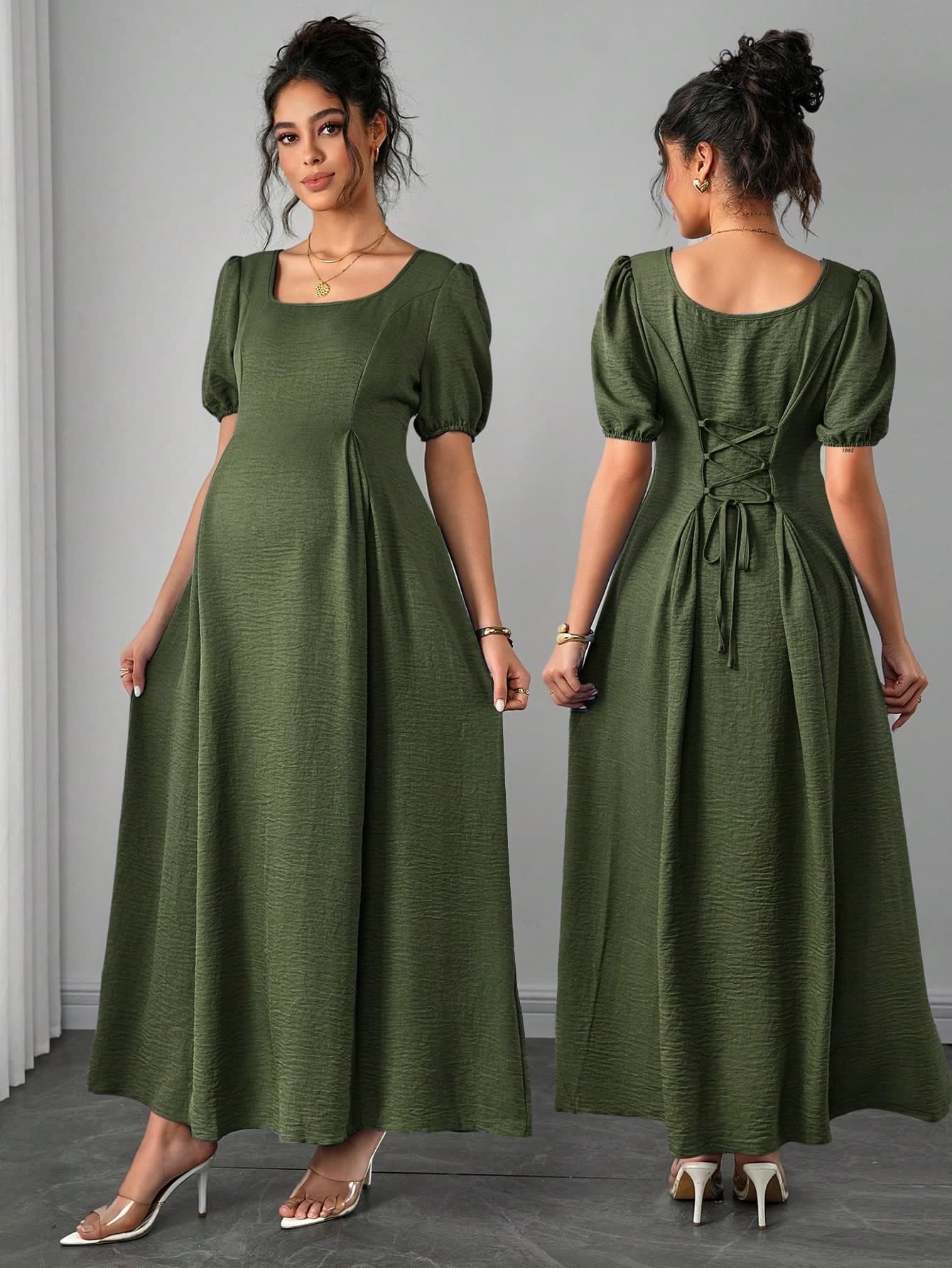 SHEIN Asymmetric Shoulder Ruched Waist A-Line Elegant Romantic Maternity Dress, Comfortable