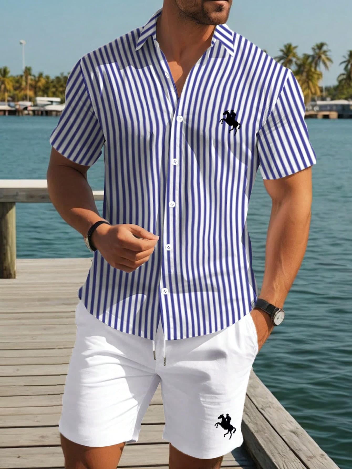 Manfinity RSRT Men's Blue And White Stripe Short Sleeve Shirt And Shorts 2 Piece Sets,Funny Summer Vacation Holiday Outfit,Casual Resort Beach Wear Matching Sets