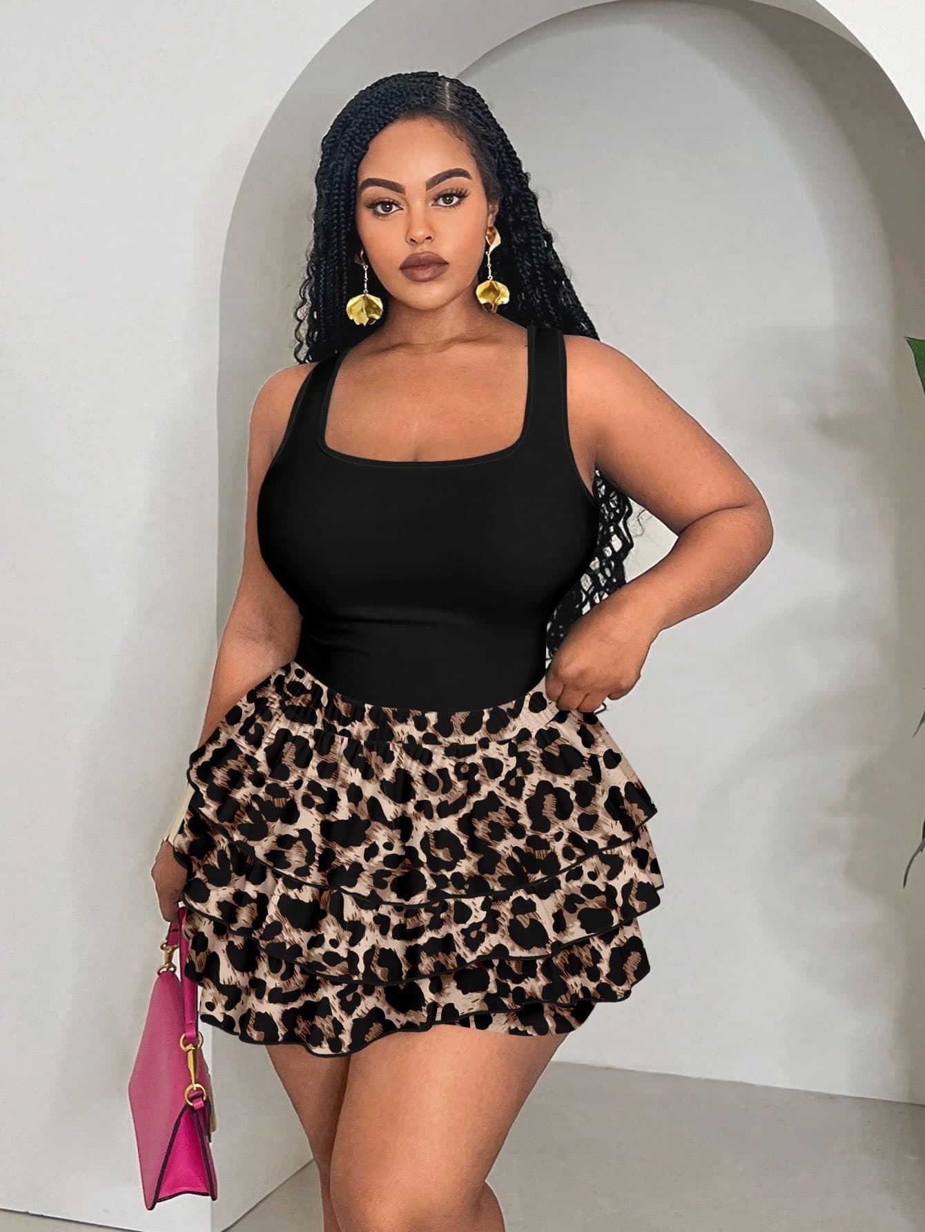 Slaydiva Vintage Leopard Print Plus Size 2 Pieces Set, Suitable For Music Festival Outfit