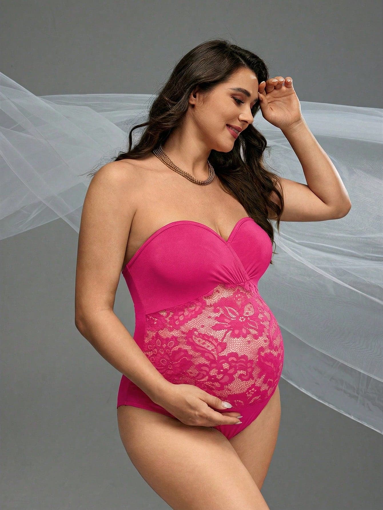 Cheriluna Maternity Pink Summer Elegant Maternity Pregnant Women's Floral Lace Patchwork Jumpsuit Swimsuit Photoshoot Clothes Shapewear Curve