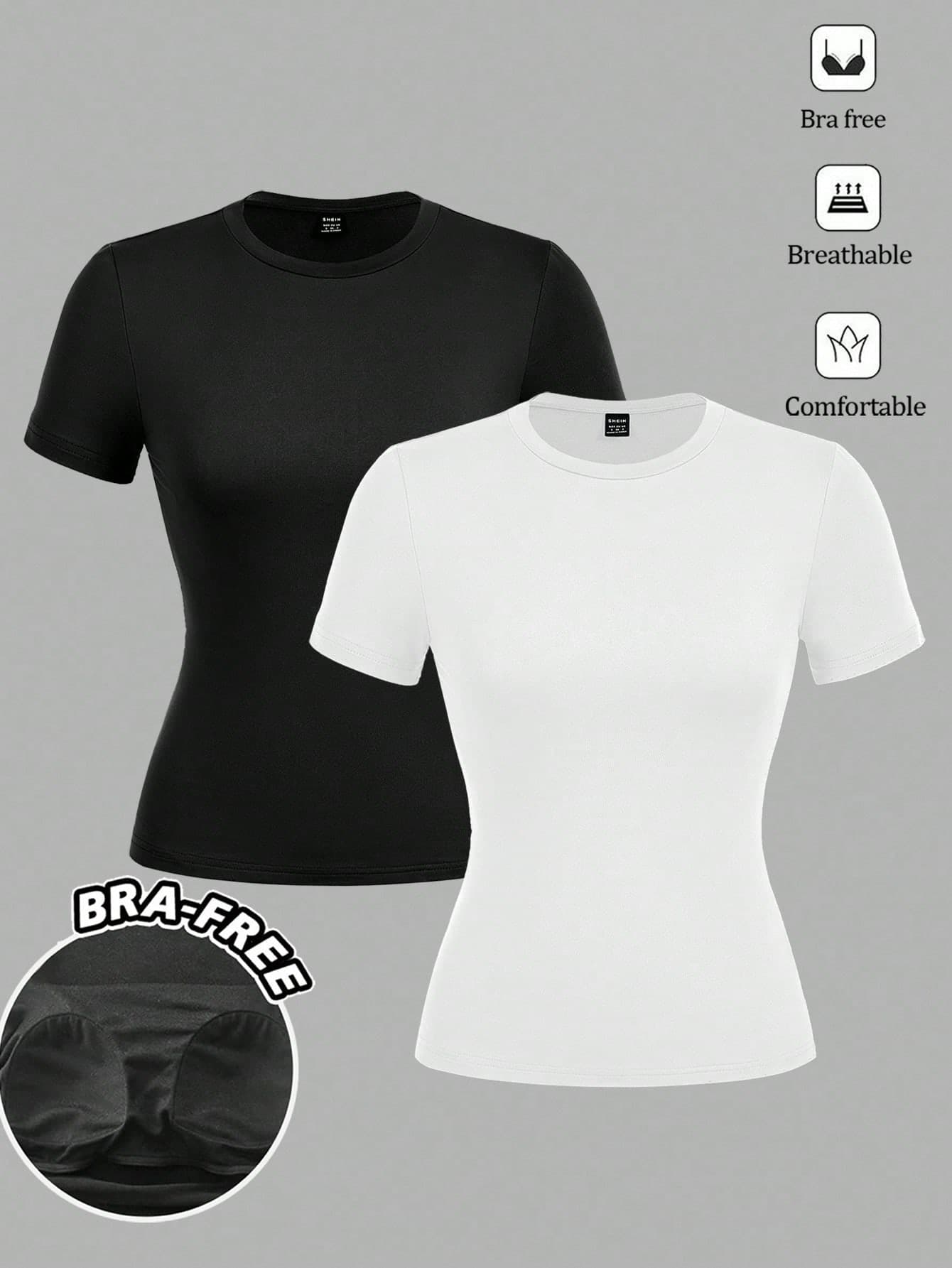 SHEIN EZwear 2pcs/Set Padded Brafree Black White Backless Round Neck Short Sleeve T-Shirts,Women Summer Casual Everyday Minimalist All-Match Beach Work