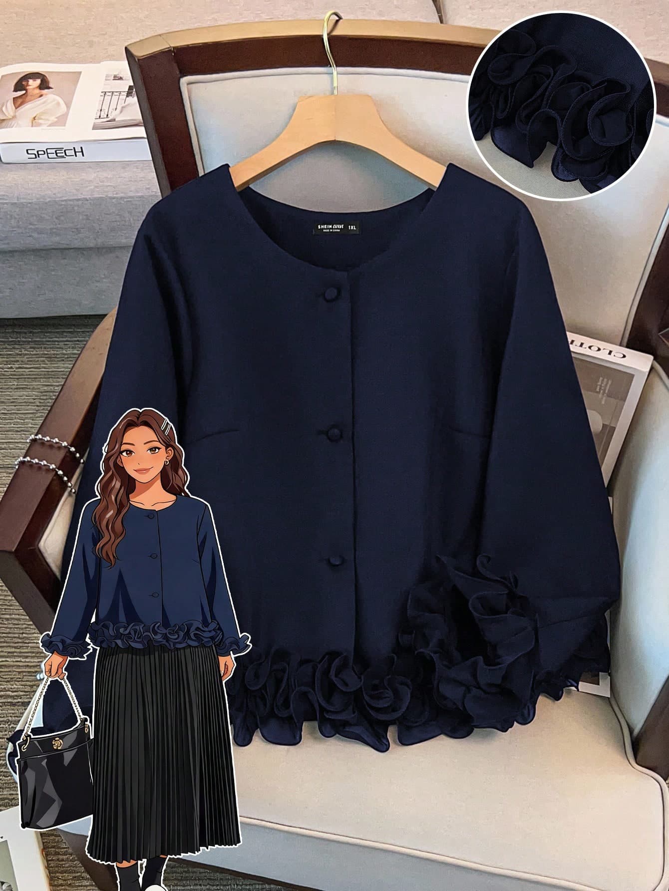 GlowEve CURVE Plus Size Women Round Neck Long Sleeve Jacket, Versatile Minimalist Design Suitable For Autumn/Winter Daily Commute, Ruffle Cuff Detail Fall
