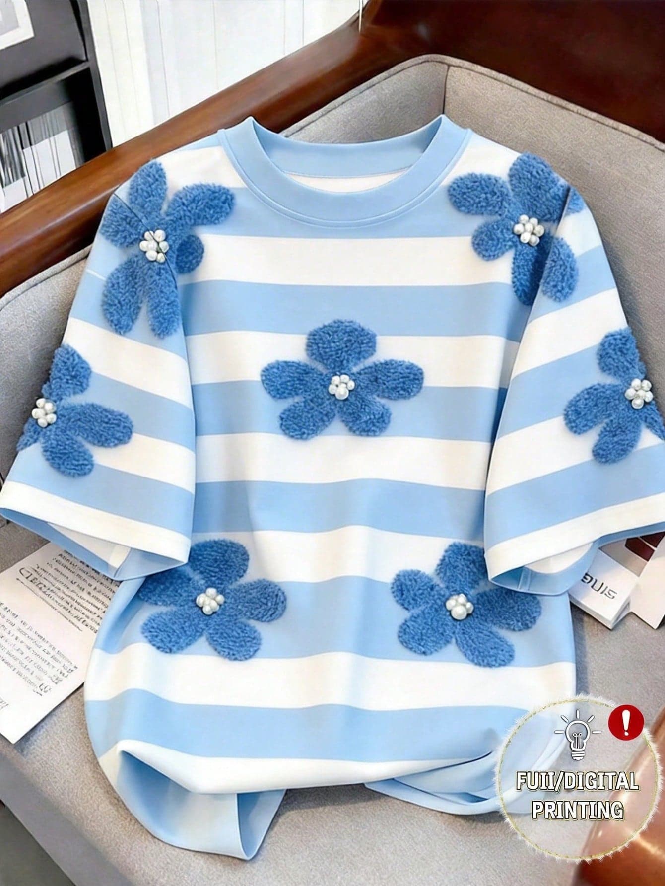 Resyla Women's Striped Floral Print Short Sleeve Casual T-Shirt