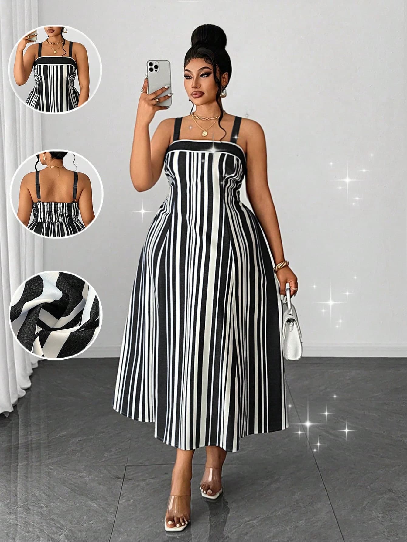 Maweii Elegant Black And White Striped Summer Spaghetti Strap Dress For Plus Size Women, Fitted Minimalist Vacation Niche Design Tea Party Dress