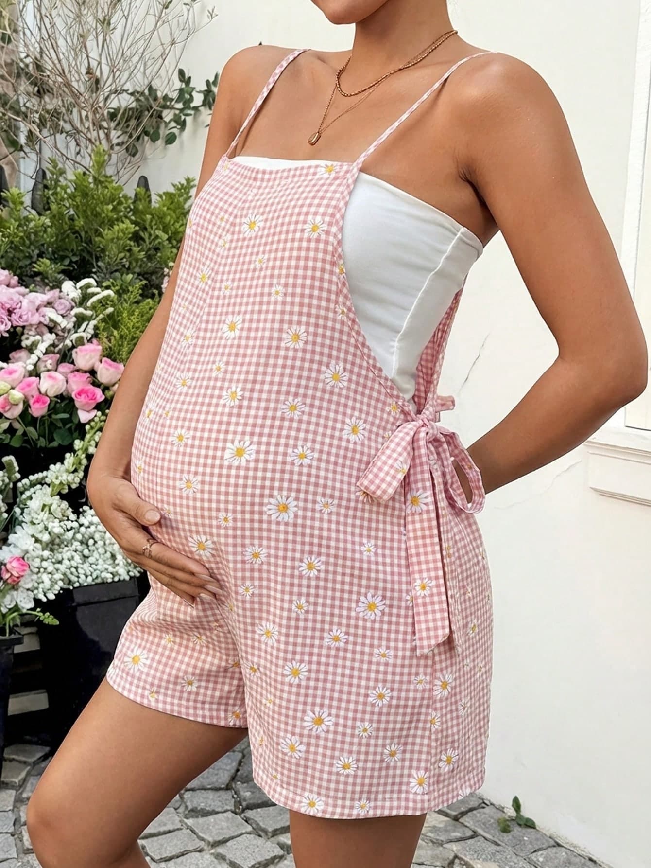 SHEIN Pregnant Women's Summer Casual Vacation Style Daisy Plaid Print Side Tie Strap Romper