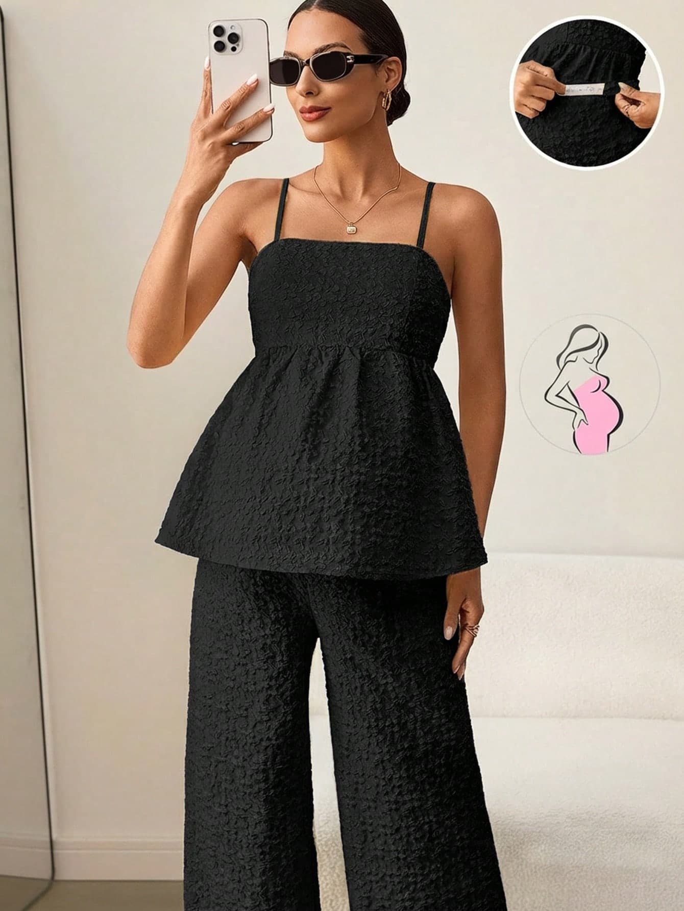 MaterniWear Maternity Summer Solid Color Jacquard Ruffle Hem Camisole And Pants 2 Pieces Set