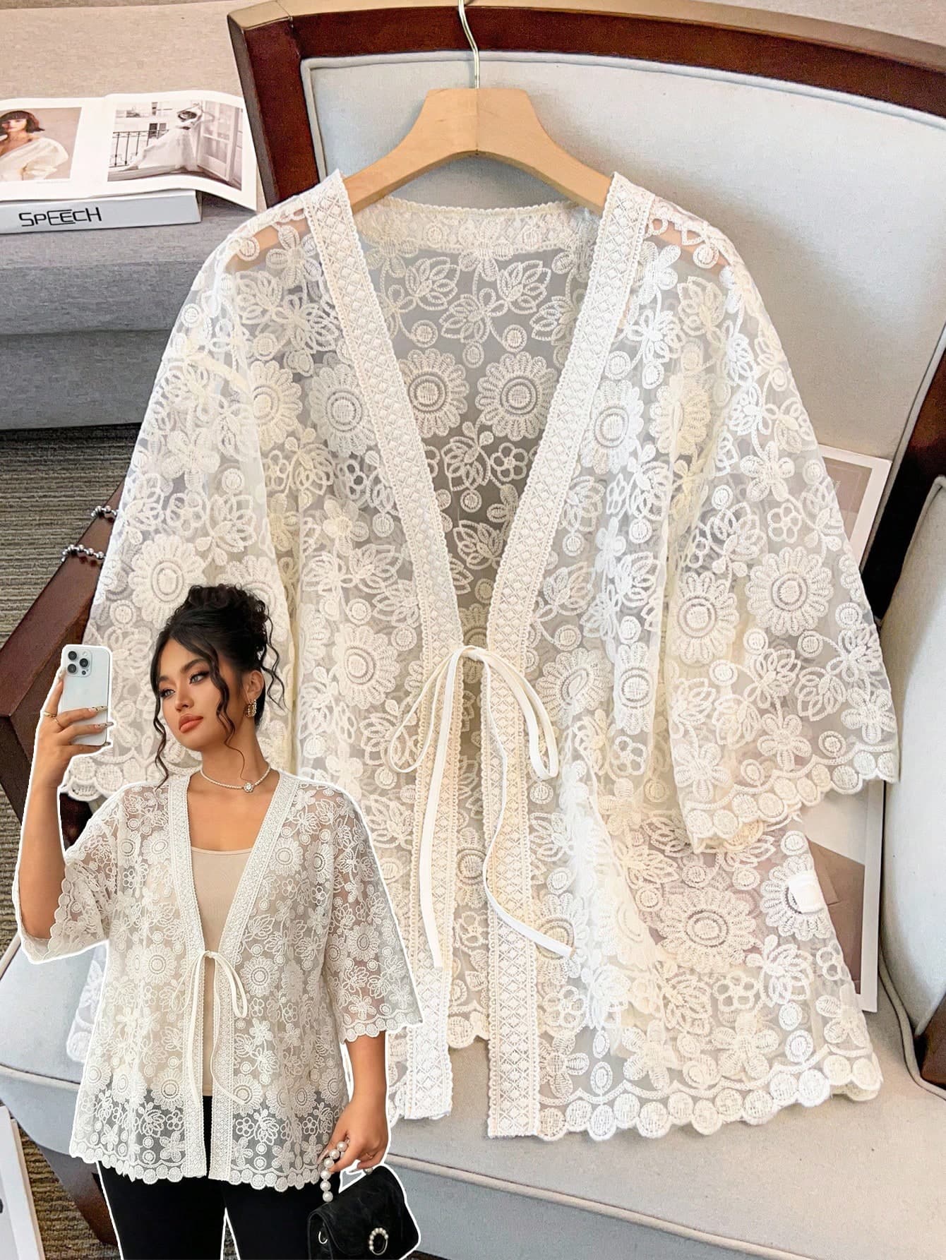 GlowEve CURVE Plus Size Women V-Neck Tie Front Sheer Vacation Blouse Shawl Collar Half Sleeve Embroidered Hollow Out Cardigan