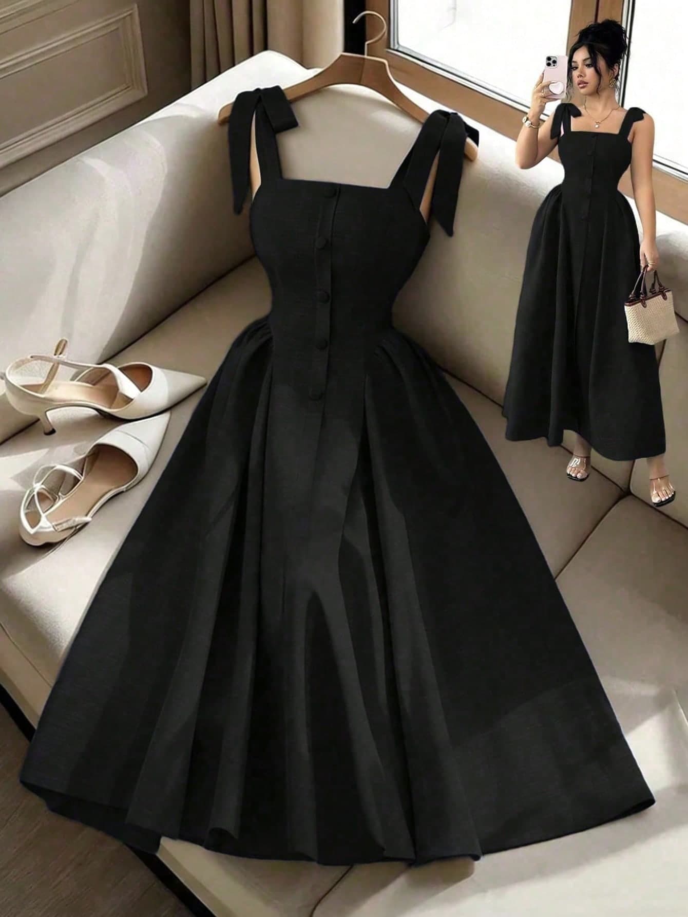Elenzga New Arrival Tie-Shoulder Textured Bicolor Woven Midi Dress, Youthful Elegant Versatile Office Wear