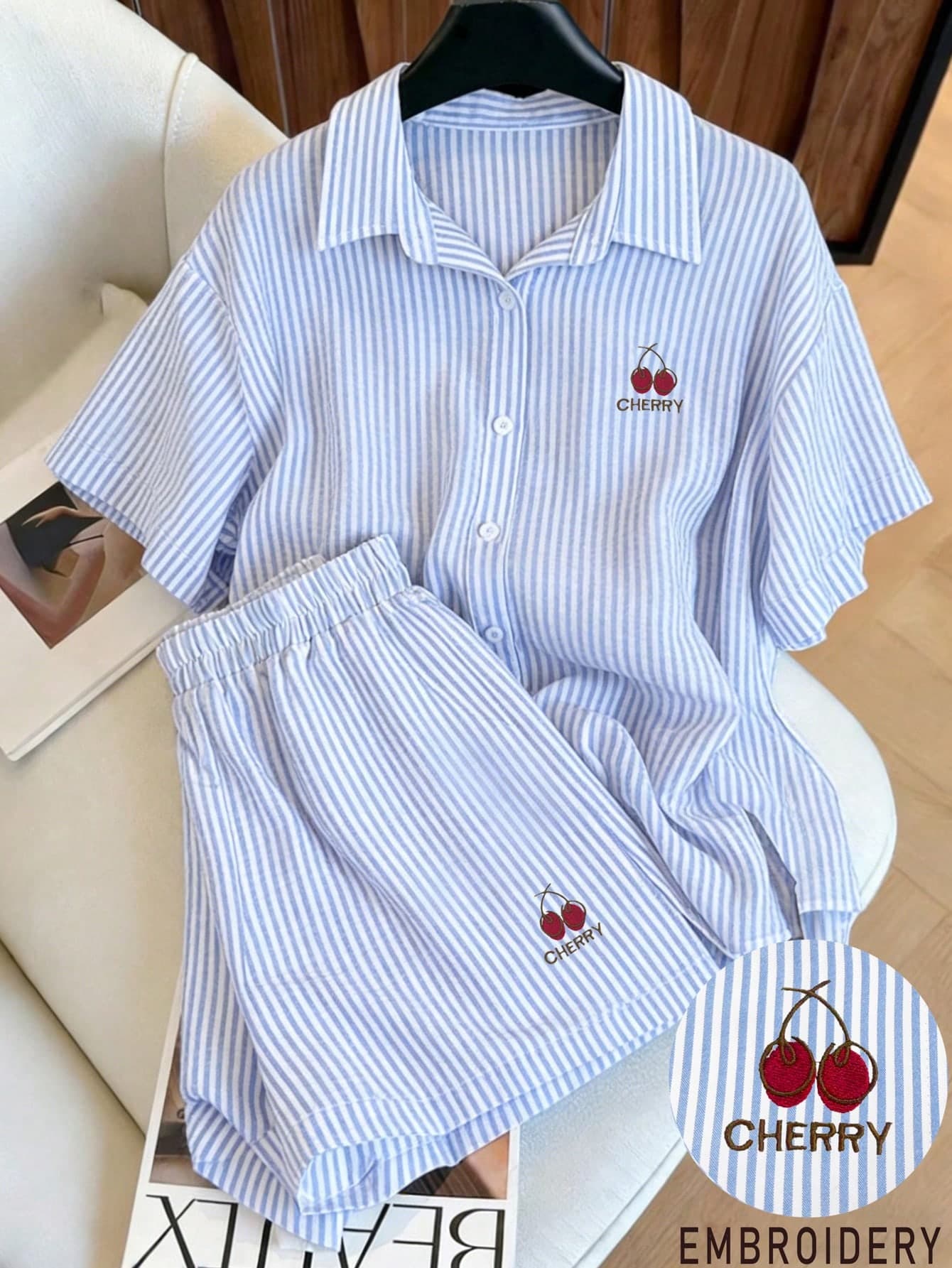 Resyla Women's Summer Casual Striped Cherry Embroidery Shirt And Shorts Set