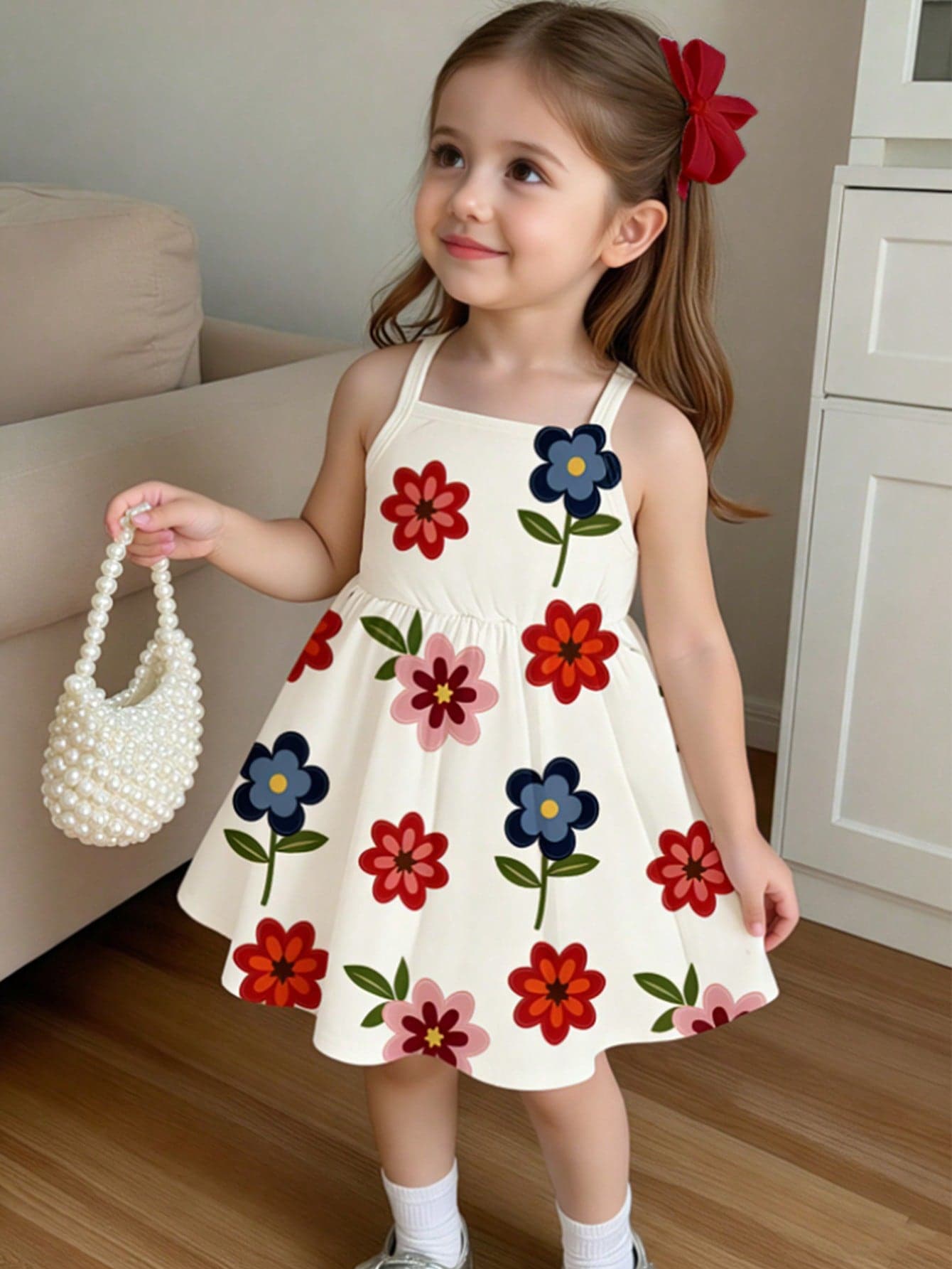 1pc Baby Girls' Casual Cute Floral & Plant Print Knit Camisole Dress, Summer Vacation Dress