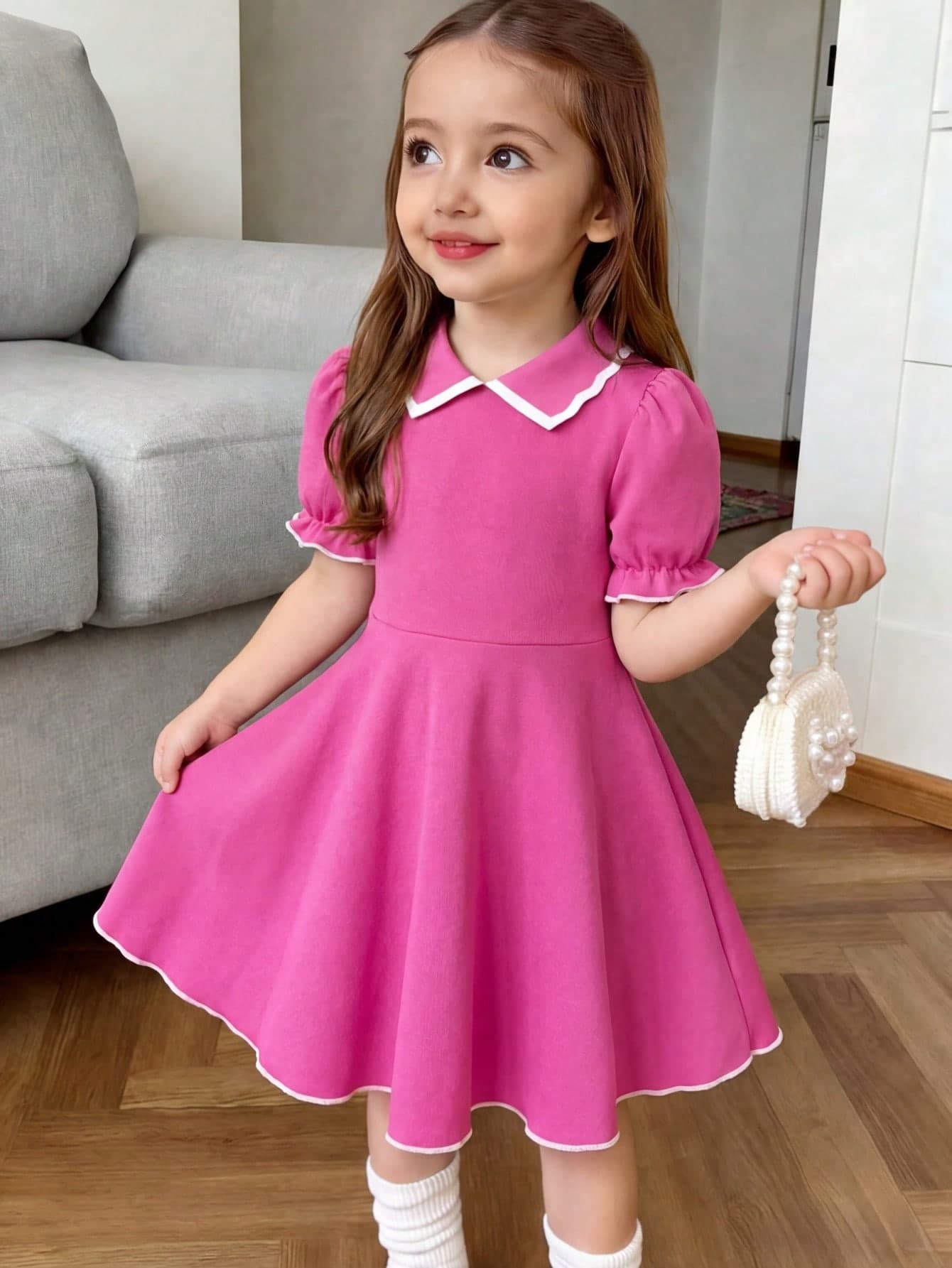 Elladie kids Young Girl French Style Short Sleeve High-Quality Waist Cinched Dress, Spring/Autumn New Arrival