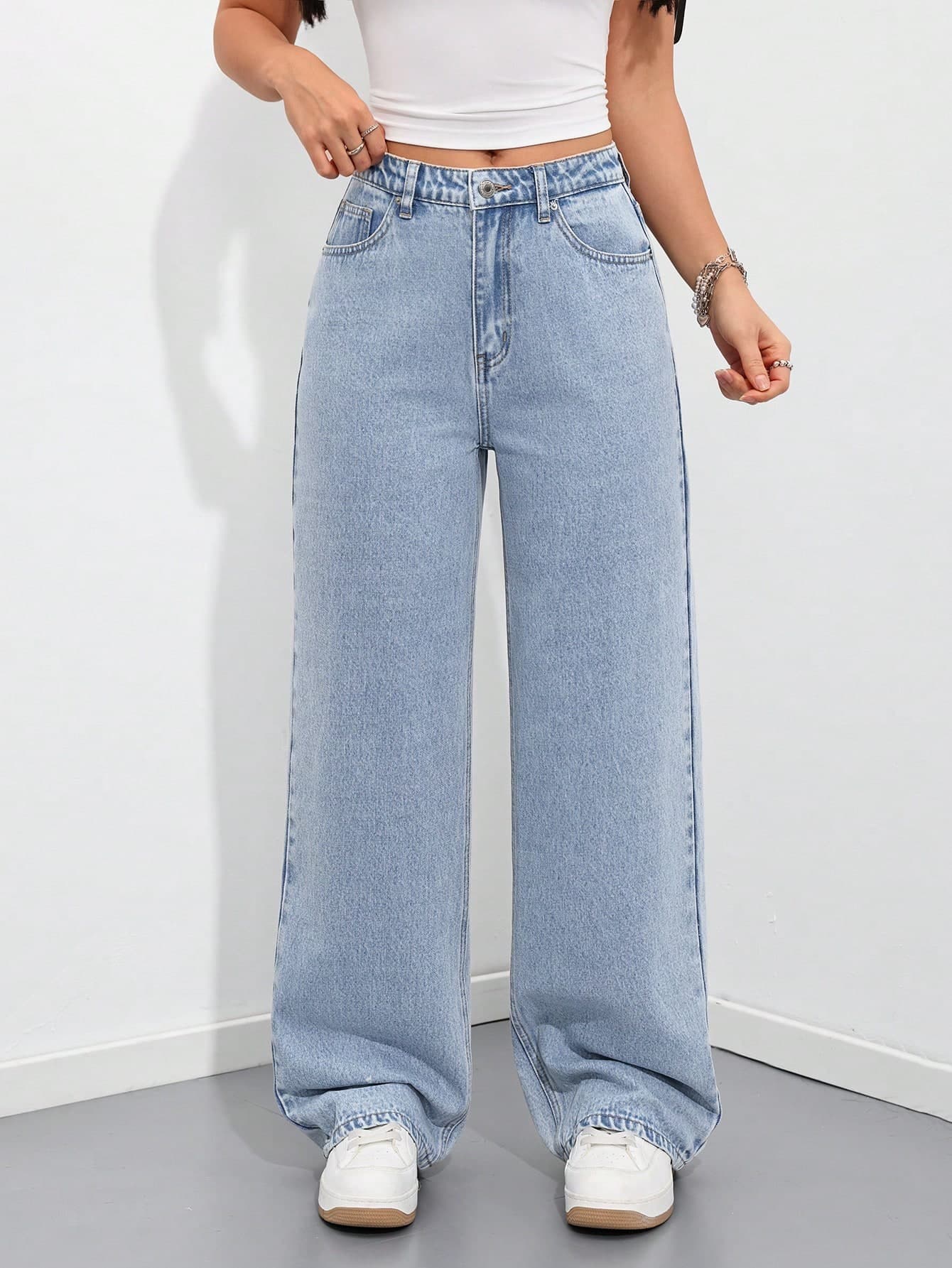 SHEIN ICON Women's Casual Everyday Washed Slant Pocket Wide Leg Jeans