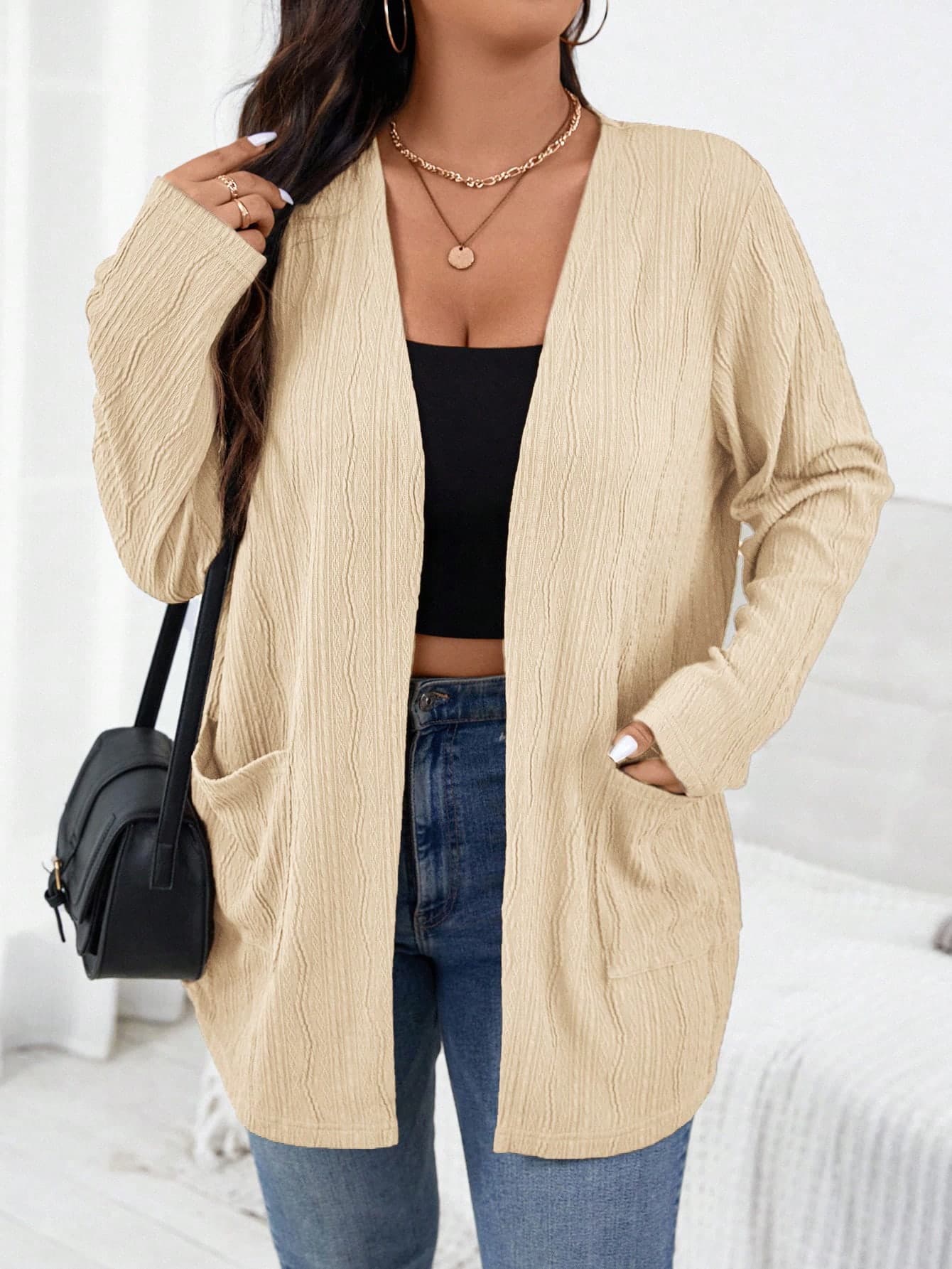 SHEIN Essnce Plus Size Women's Textured Long Sleeve Casual Open Front Jacket With Pockets, Suitable For Daily Commute And Leisure, Autumn Fall