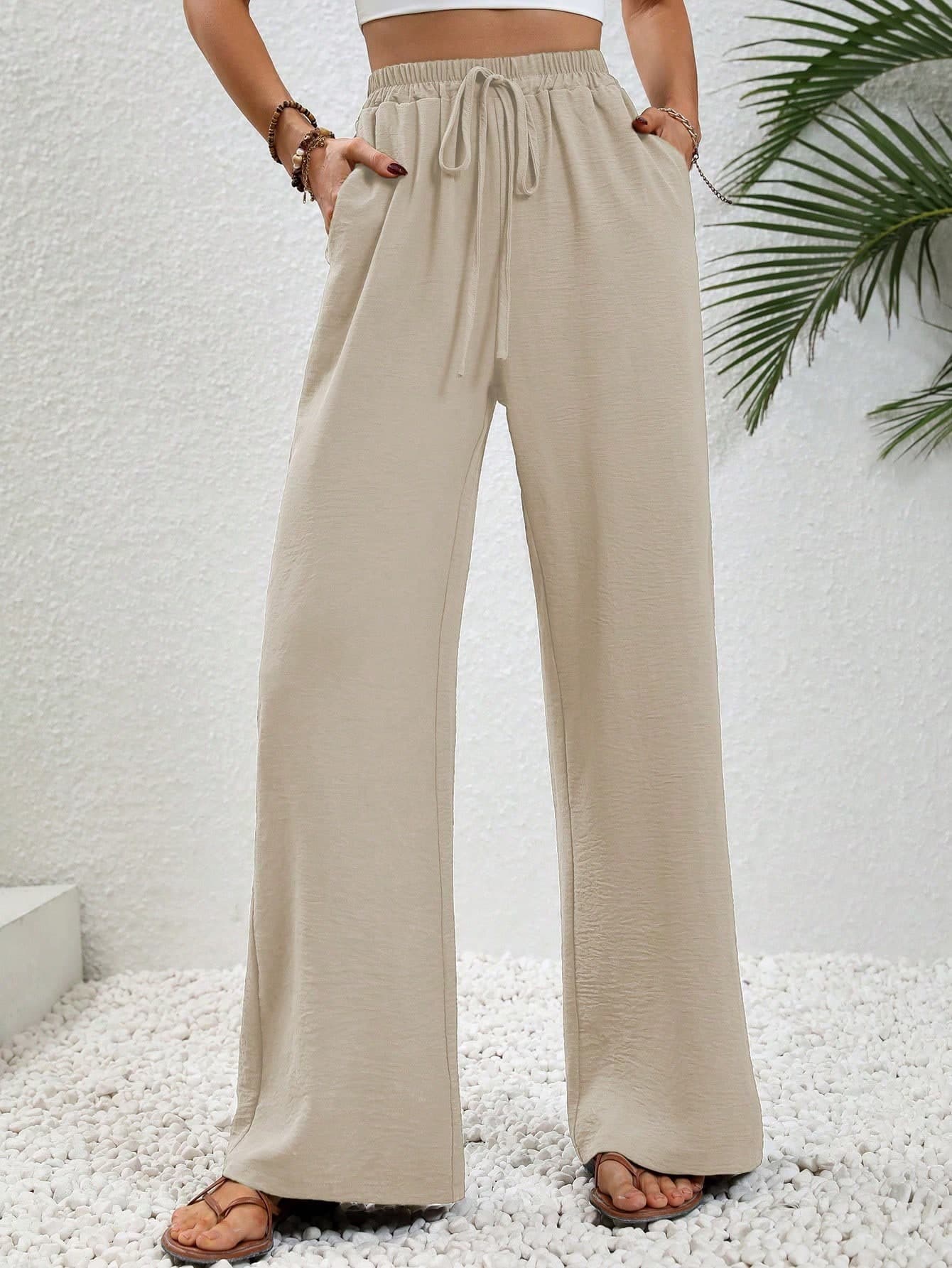 Elenzga Tall Women's Khaki Casual Vacation Style Elastic Waist Drawstring Relaxed Straight Leg Pants, Tall Women