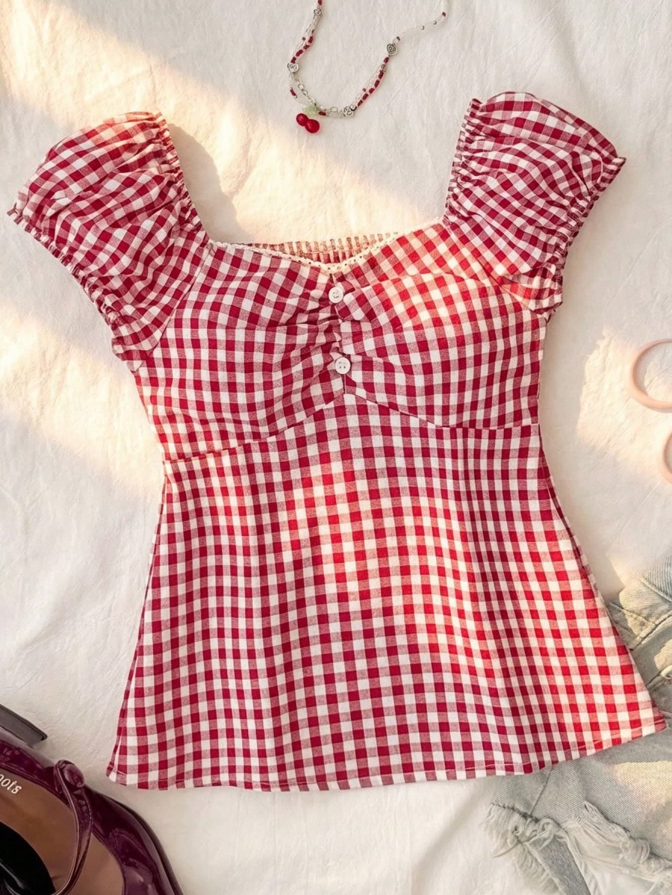 SHEIN Tween Girl Casual Minimalist Comfortable Plaid Back Strap Shirt