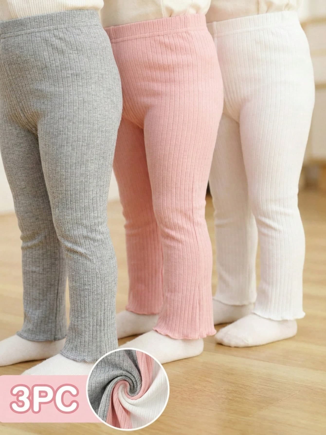 SHEIN Vintaside Kids 3pcs/Set Baby Girls'Leggings Grey And Pink Autumn Casual Graduation Back To School 6 Months-3 Years Old Ribbed Wavy Hem Elastic Waist Soft Minimalist