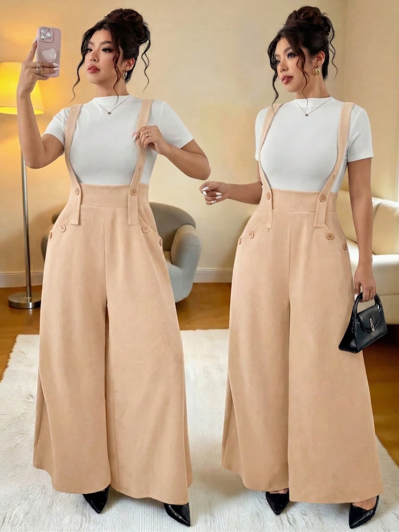 Elenzga Plus Size Peach Summer Casual Elegant Smart Casual Office Apricot Textured Knit Sleeveless Jumpsuit,High Waist Double-Breasted Wide Leg Bib Pants
