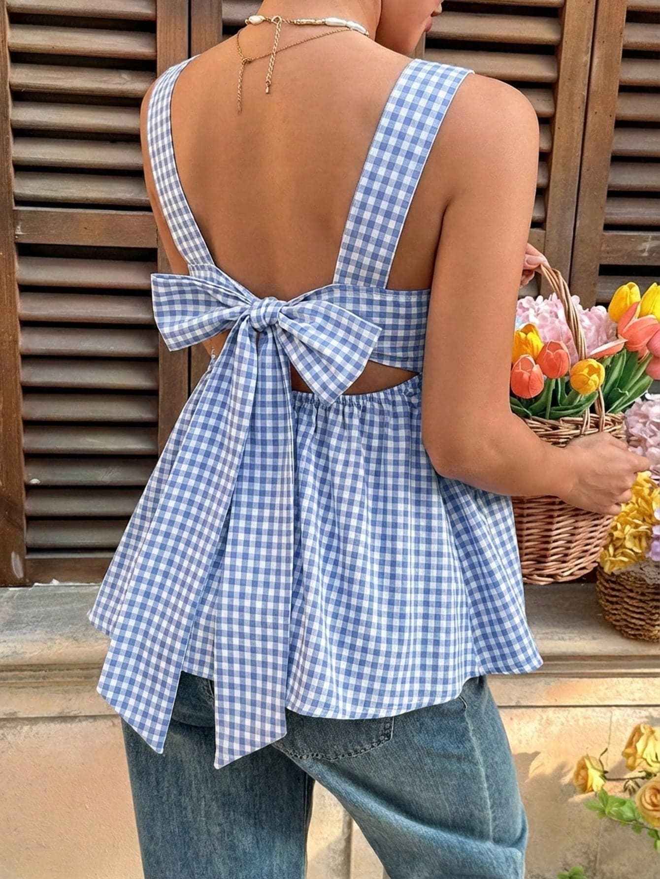 SHEIN Maternity Backless Plaid Print Tie-Front Casual Sleeveless Shirt