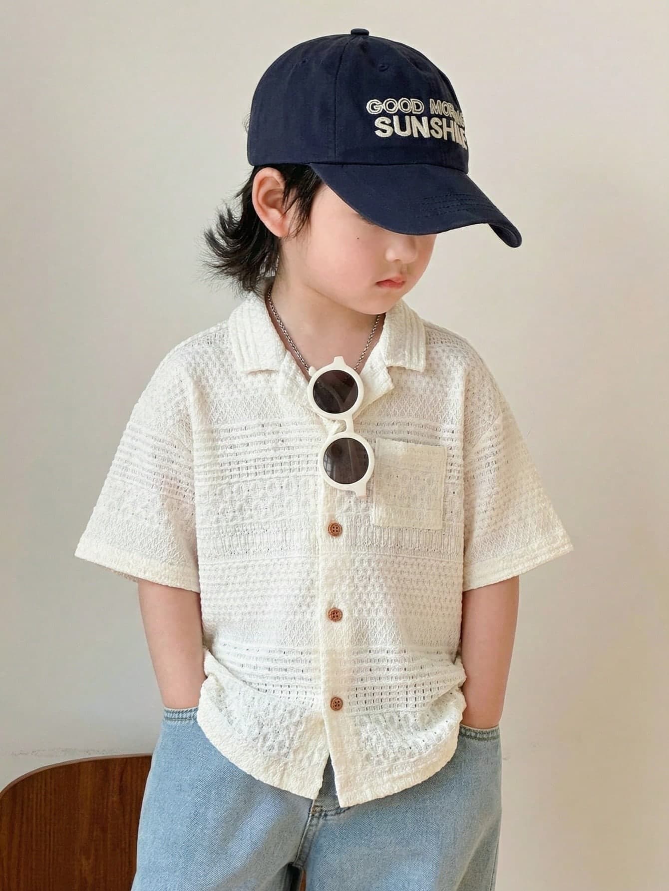 1 Piece Set Young Boys Clothing,Loose White Short-Sleeved Shirt With Turn-Up Collar,Casual College Style For Summer,Matching,Family Vacation,Holiday