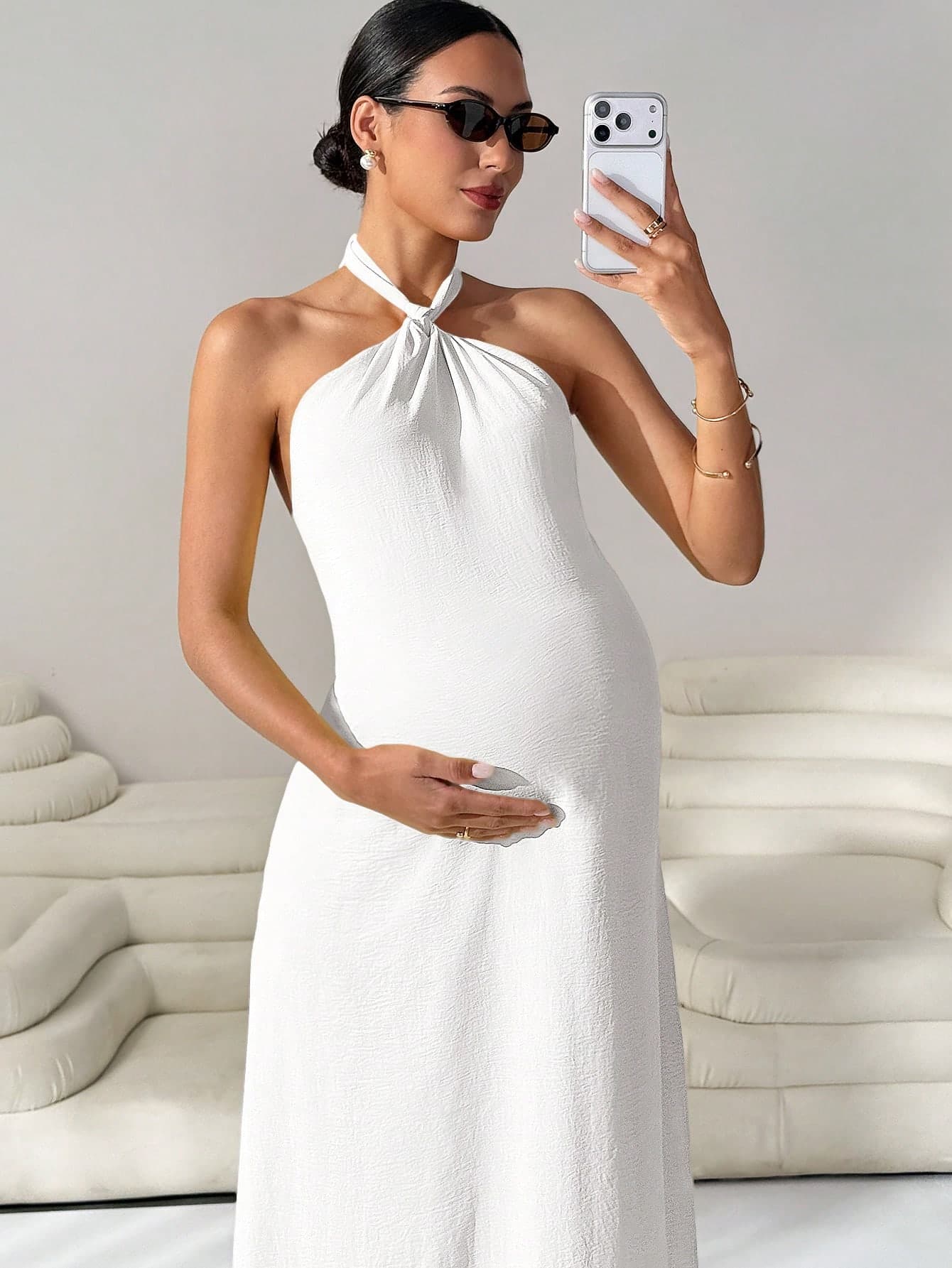 MaterniWear Maternity Elegant Textured Halter Backless Dress For Summer