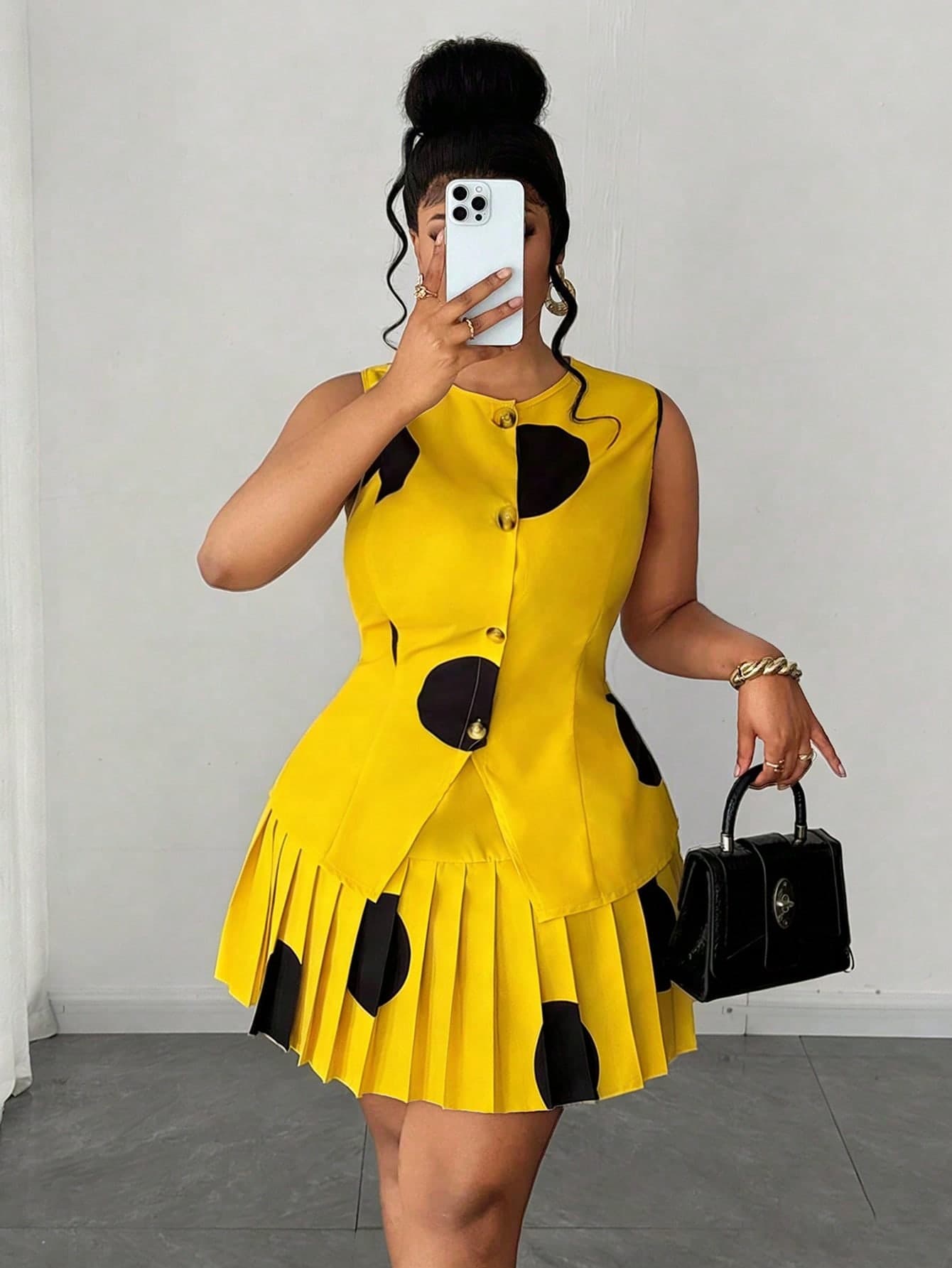 Maweii Plus Size Women's Elegant Summer Yellow Polka Dot Tea Party Two Pieces Set,Sleeveless Button-Up Fitted Top & Elastic Waist Pleated A-Line Short Skirt