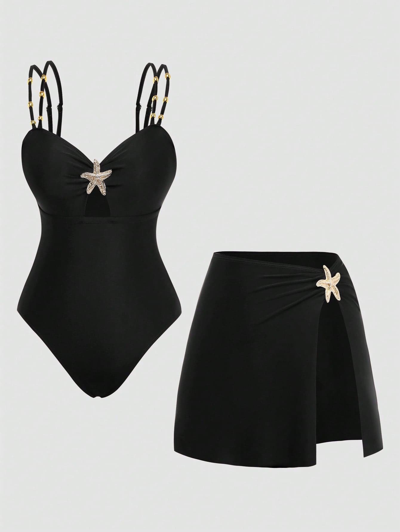 Swim Oasis Elegant Plus Size One-Piece Swimsuit For Women,Black,Summer,Classy,Formal,Evening,Vacation,Holiday,Two Pieces Beaded Starfish Printed Slit Skirt Set