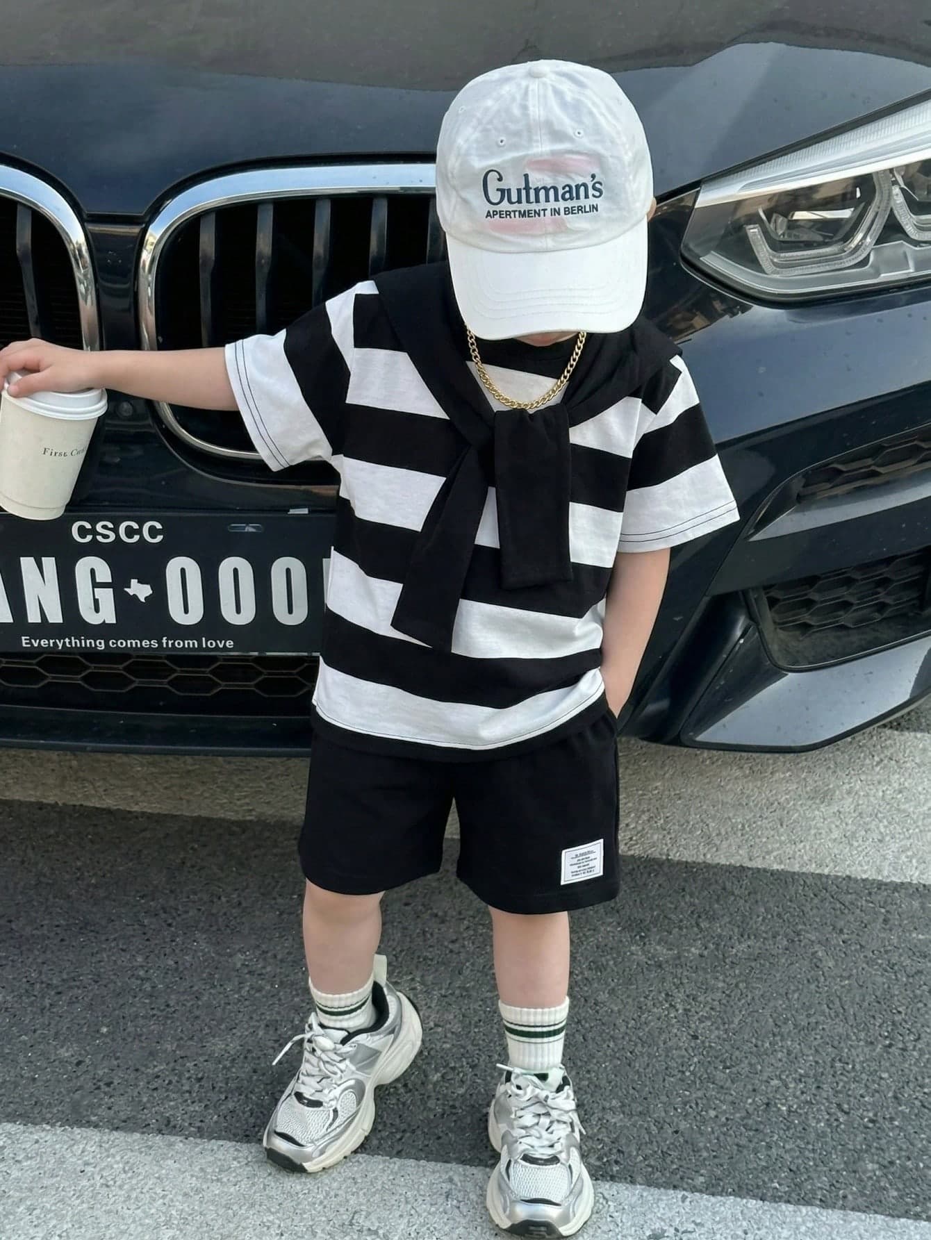 SHEIN Little Byeori 2-Piece Young Boys' Summer Outfit Sets,Casual Retro Black And White Striped Round Neck T-Shirt And Shorts Suit With Shawl Decoration,Back To School