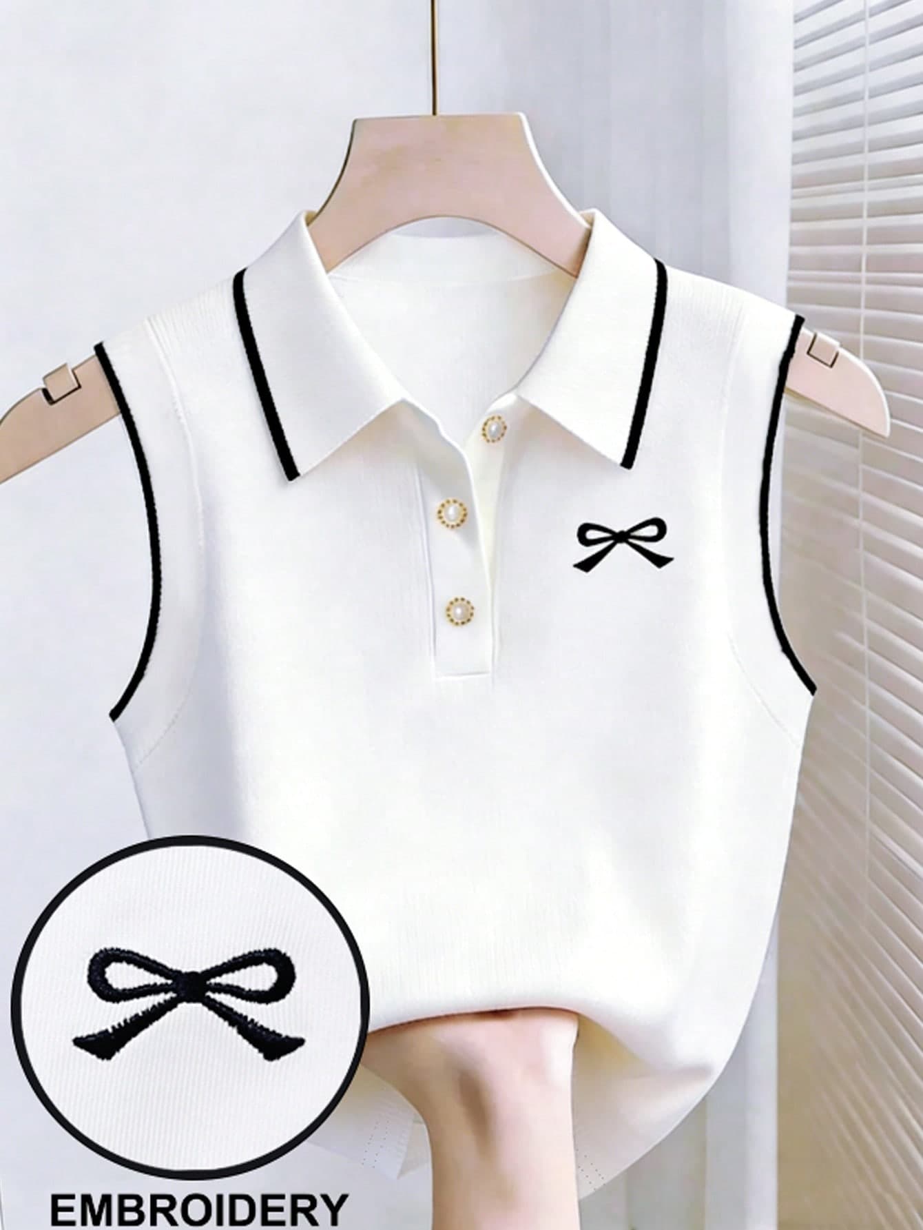 Resyla Women's Summer Casual Bow Embroidered Quarter Button Sleeveless Tank Top