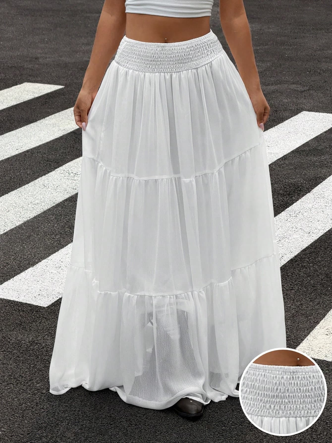 Muchica Women's Solid Color Ruffle Hem Casual A-Line Skirt