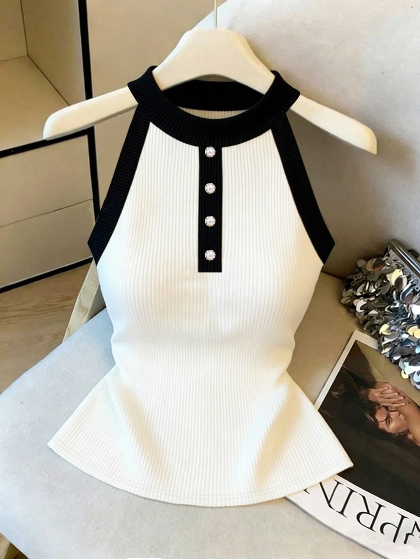 Franclia Women's Black And White Elegant Ribbed Knit Camisole,Summer French Chic Contrast Color Halter Sleeveless Top,Business Casual Fitted Tops For Dates