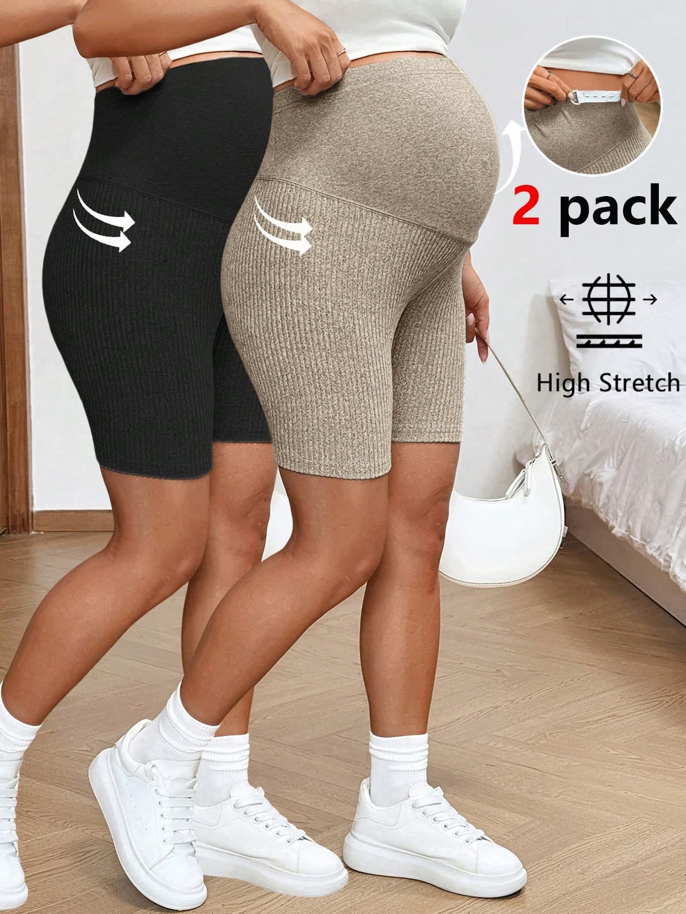 SHEIN Maternity Solid Color Adjustable Waist Casual Maternity Shorts World Cup Photoshoot Summer